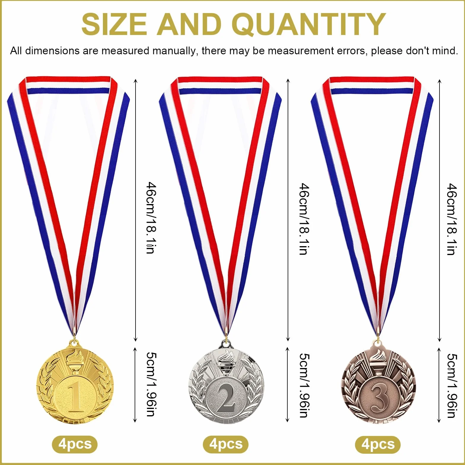 Medaglie Bambini Metallo Oro Argento Bronzo con Nastri 5 cm per Sport Scolastico Calcio