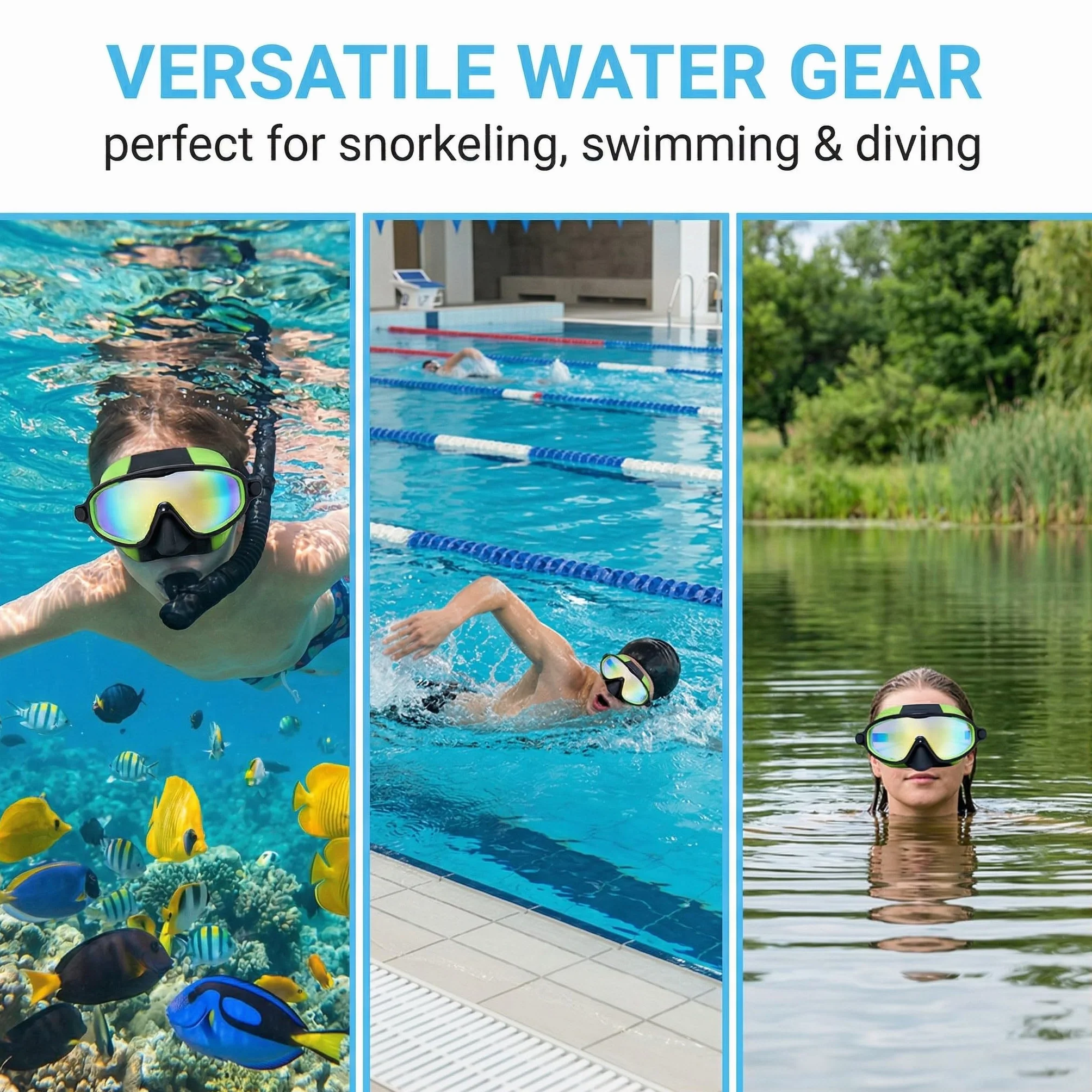 Maschera Immersione Bambini Cinturino Regolabile Silicone Anti-Nebbia Anti-Perdite Panoramica 180° Occhialini Nuoto