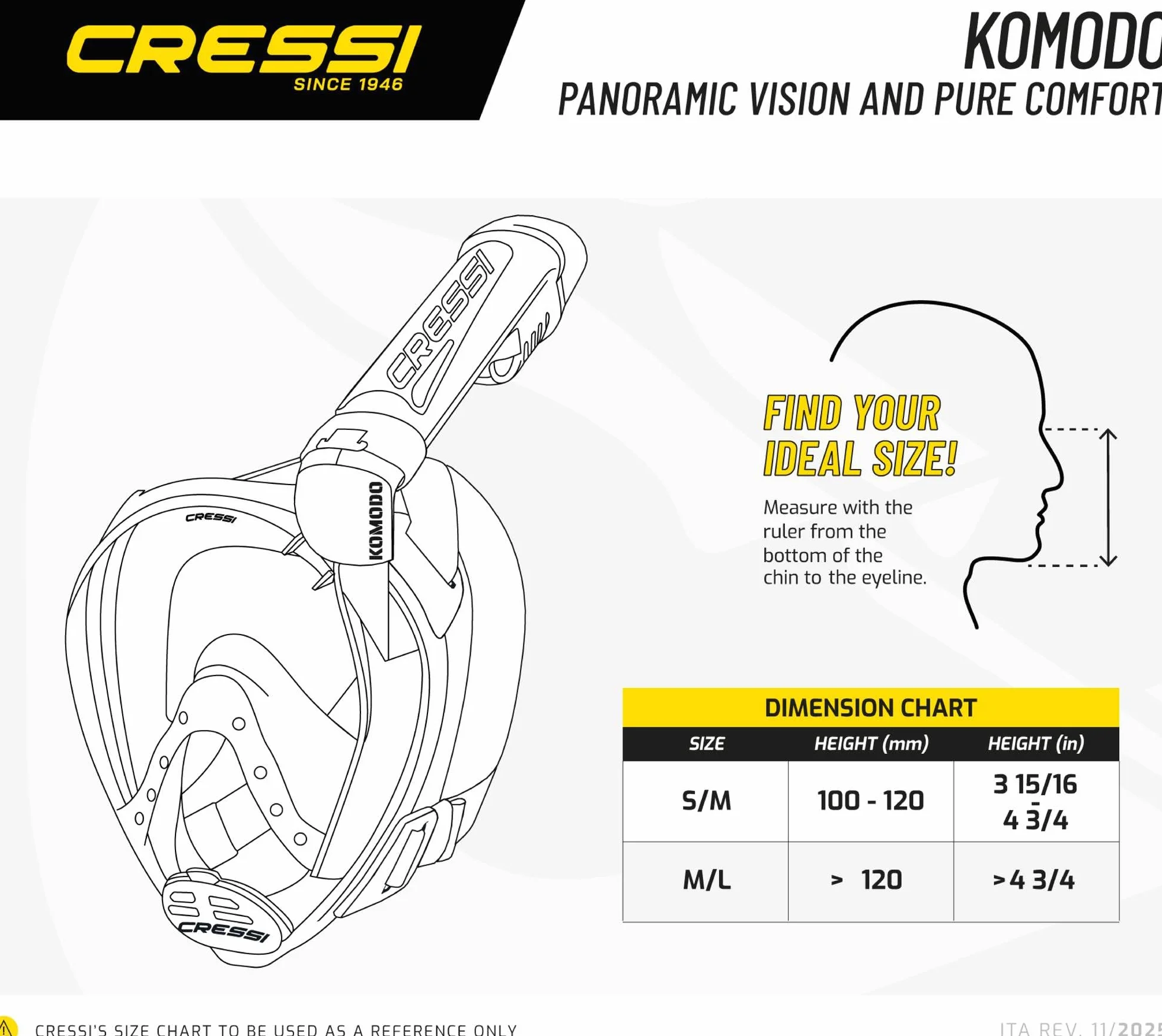 CRESSI dal 1946-Komodo Full Face Maschera Integrale Dry da Snorkeling Visione a 180°-CO2 Sicuro-Silicone 100% Anti Appannamento-Snorkel Laterale-Cinghie Elastiche Regolabili