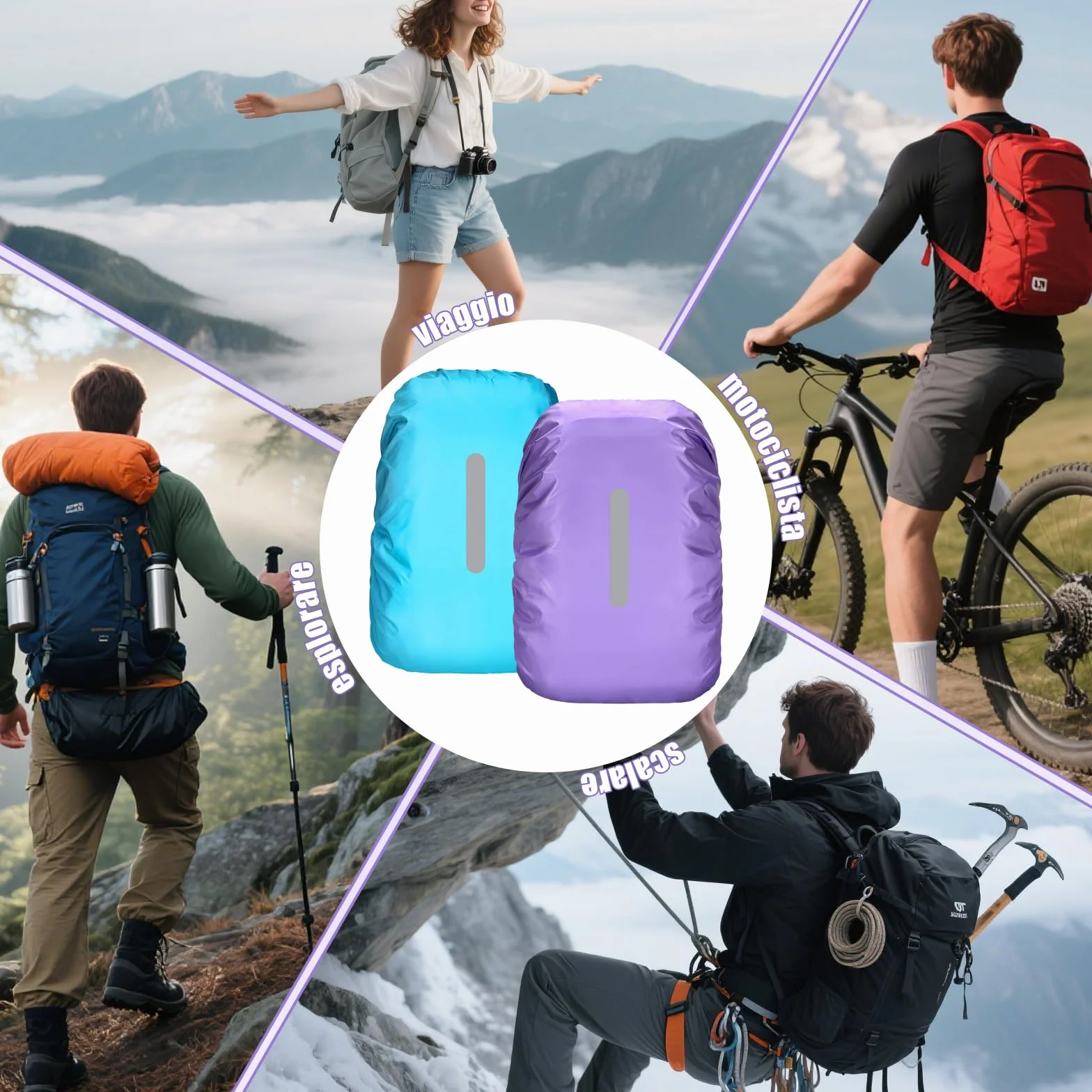 Coprizaino Impermeabile 2 Pezzi con Strisce Riflettenti, Parapioggia per Zaino Trekking Viaggio 40L-50L