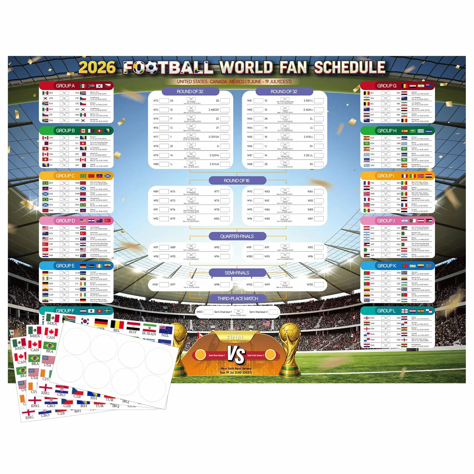 WALLFID Poster Calendario Mondiale 2026 98x70cm Ora Europa Centrale Coppa del Mondo 2026