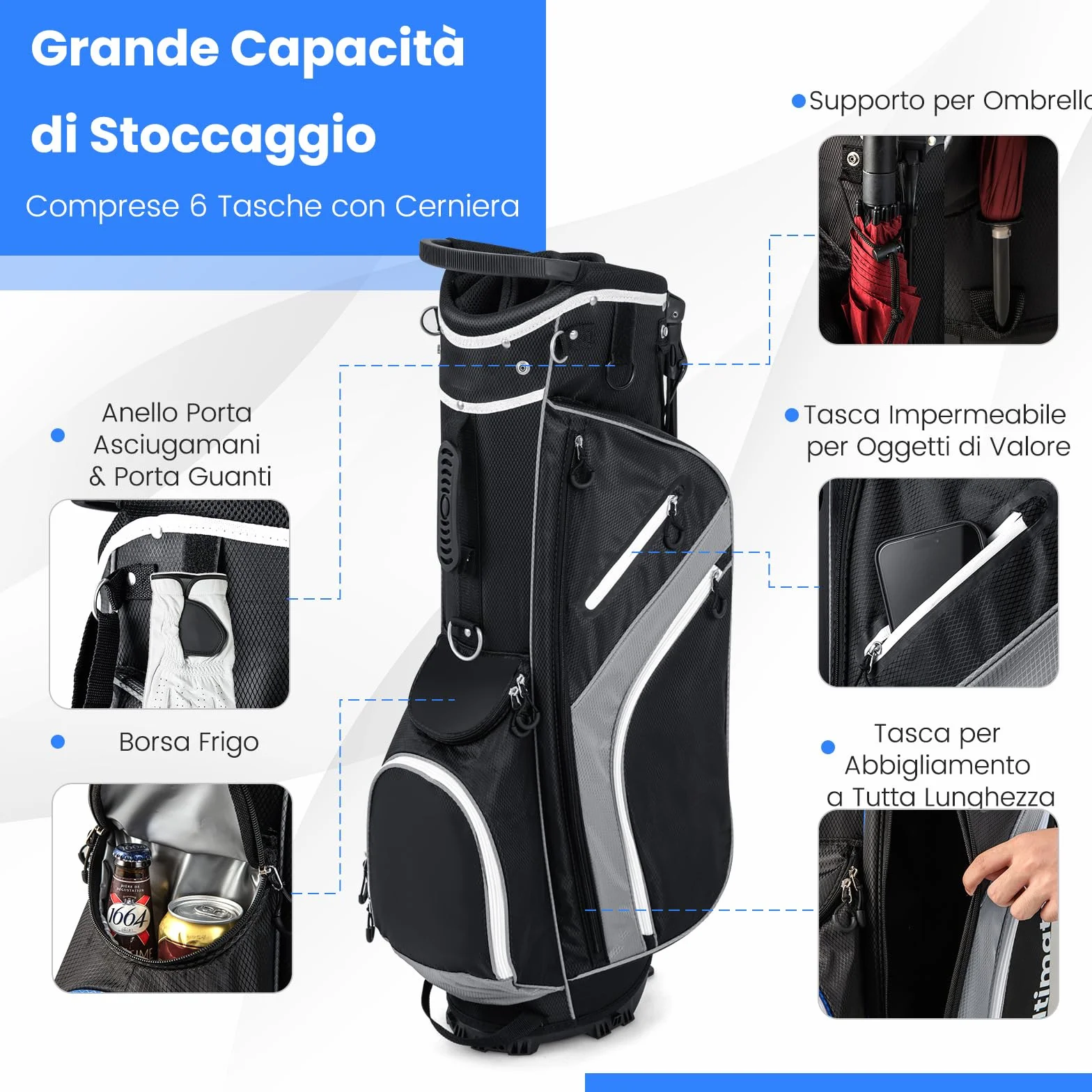 COSTWAY Sacca per Mazze da Golf, Borsa da Golf con Supporto, Divisori a 14 Vie, 6 Tasche, Borsa Frigo, Doppia Tracolla e Cappuccio Antipioggia, Ideale per Uomini e Donne