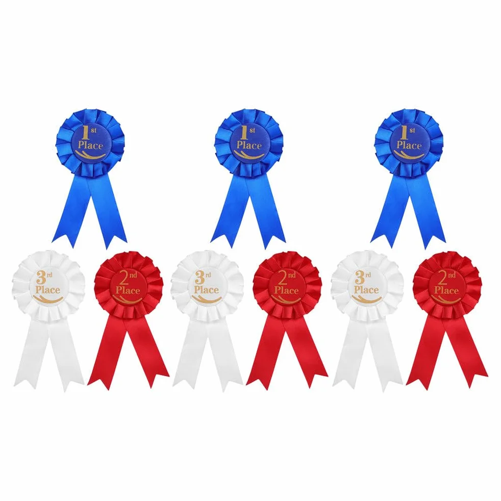 Set di 9 Nastri Premio in Raso con Spilla per 1° 2° 3° Posto Distintivi Sportivi