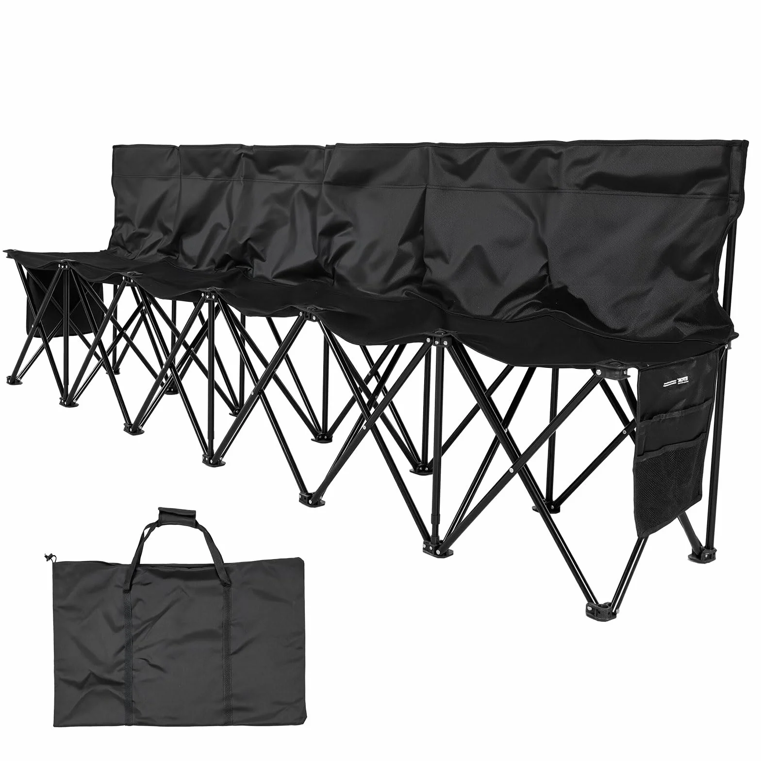 VEVOR Panca da Campeggio Pieghevole Portatile, per 6 Persone con Tasche Laterali, Borsa per il Trasporto, Tasca Posteriore, Panca Pieghevole con Schienale per Calcio, Baseball, Nero