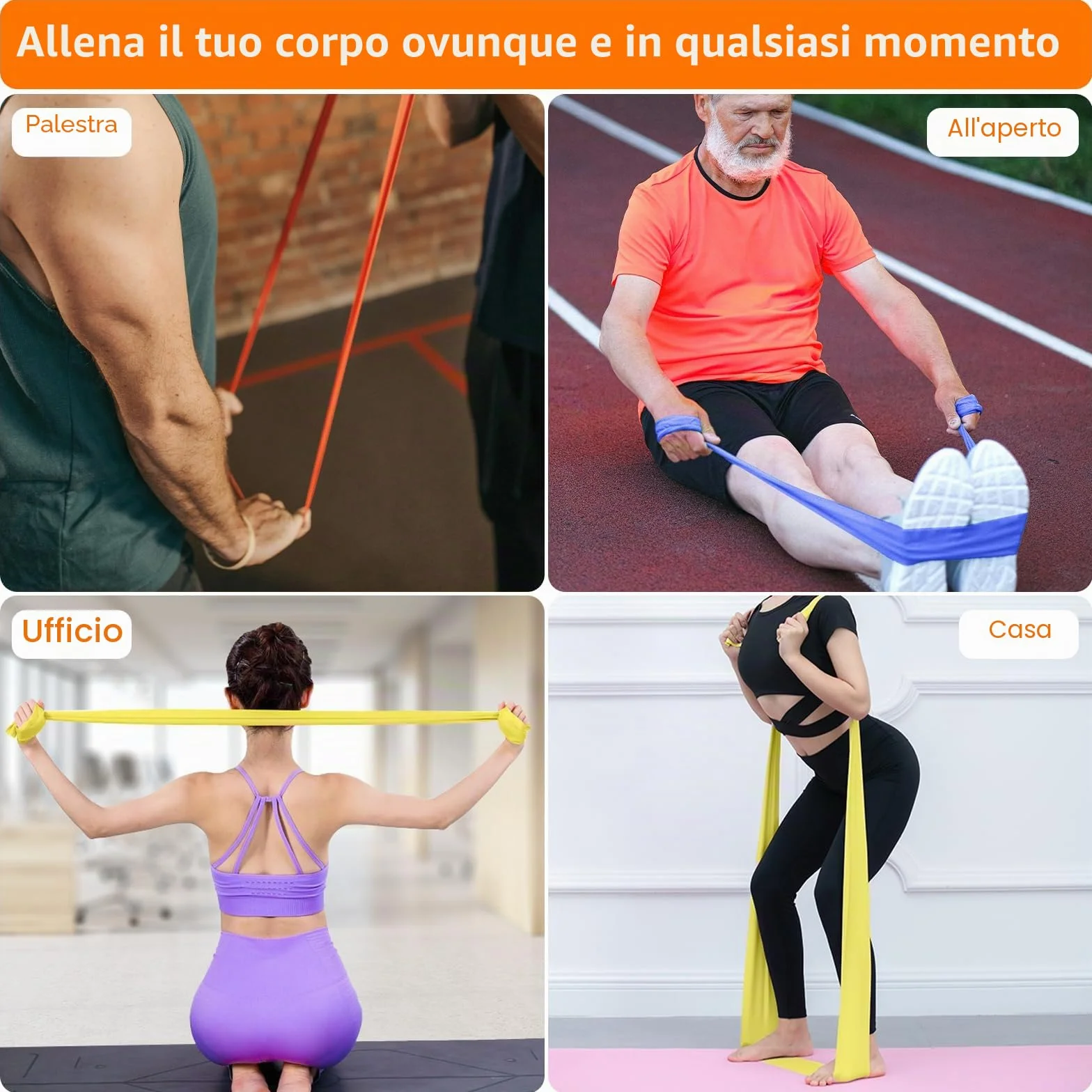 GRIFEMA GA5002 Fasce elastiche fitness set da 4 1,8 m 4 livelli di resistenza per allenamento forza yoga pilates