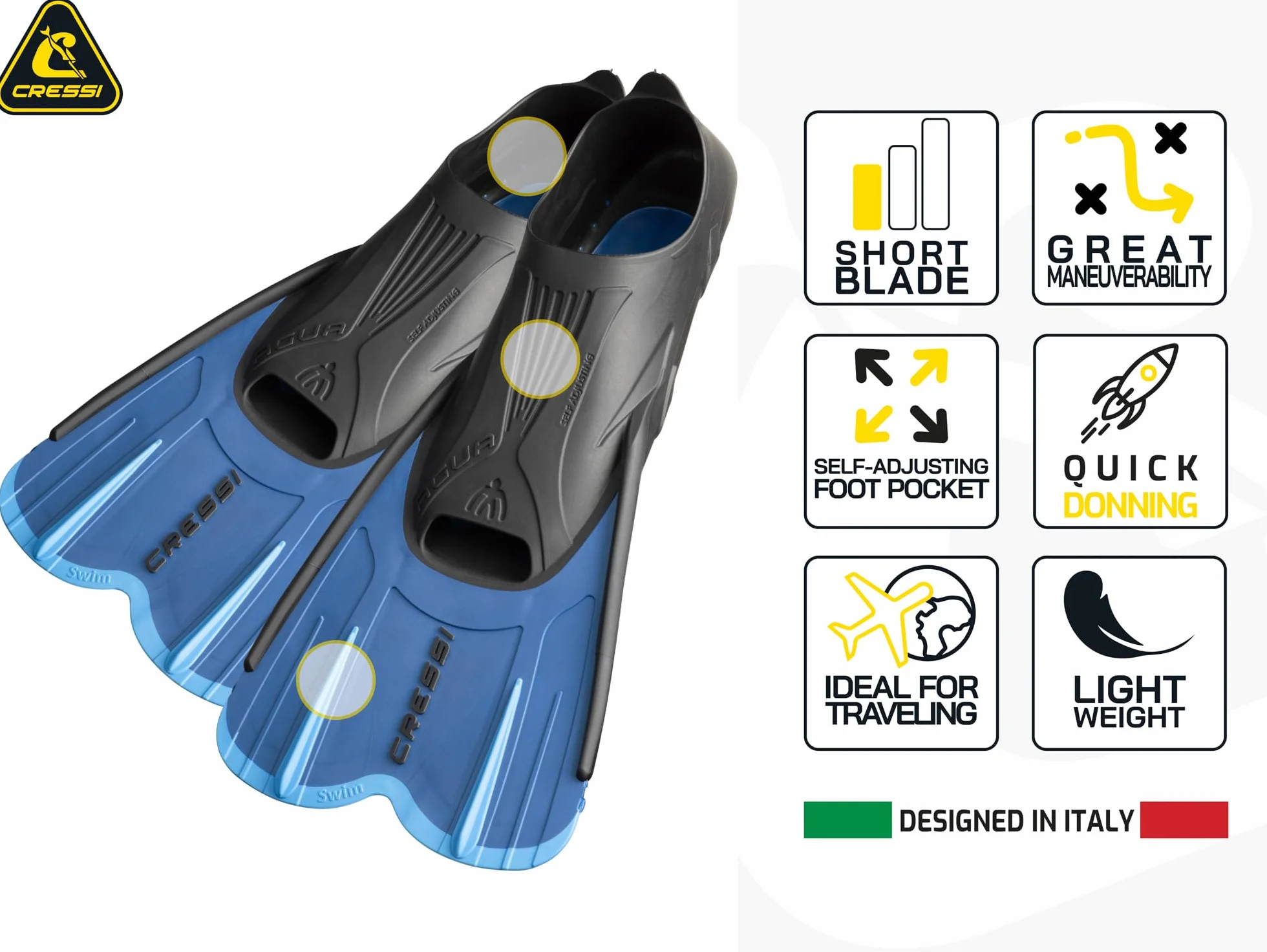 CRESSI Agua Short Pinne Corte a Scarpetta Autoregolante, Leggere per Nuoto e Allenamento, Lama Reattiva in Tecnopolimero, Comfort Elevato per Piscina, Mare, Snorkeling e Viaggi