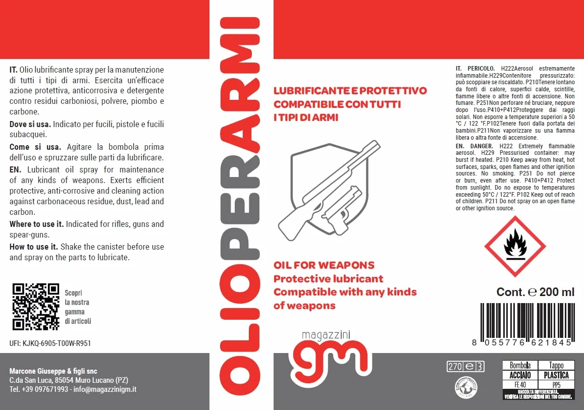 Olio per Armi Lubrificante Protettivo Spray per Fucili e Pistole 200ml