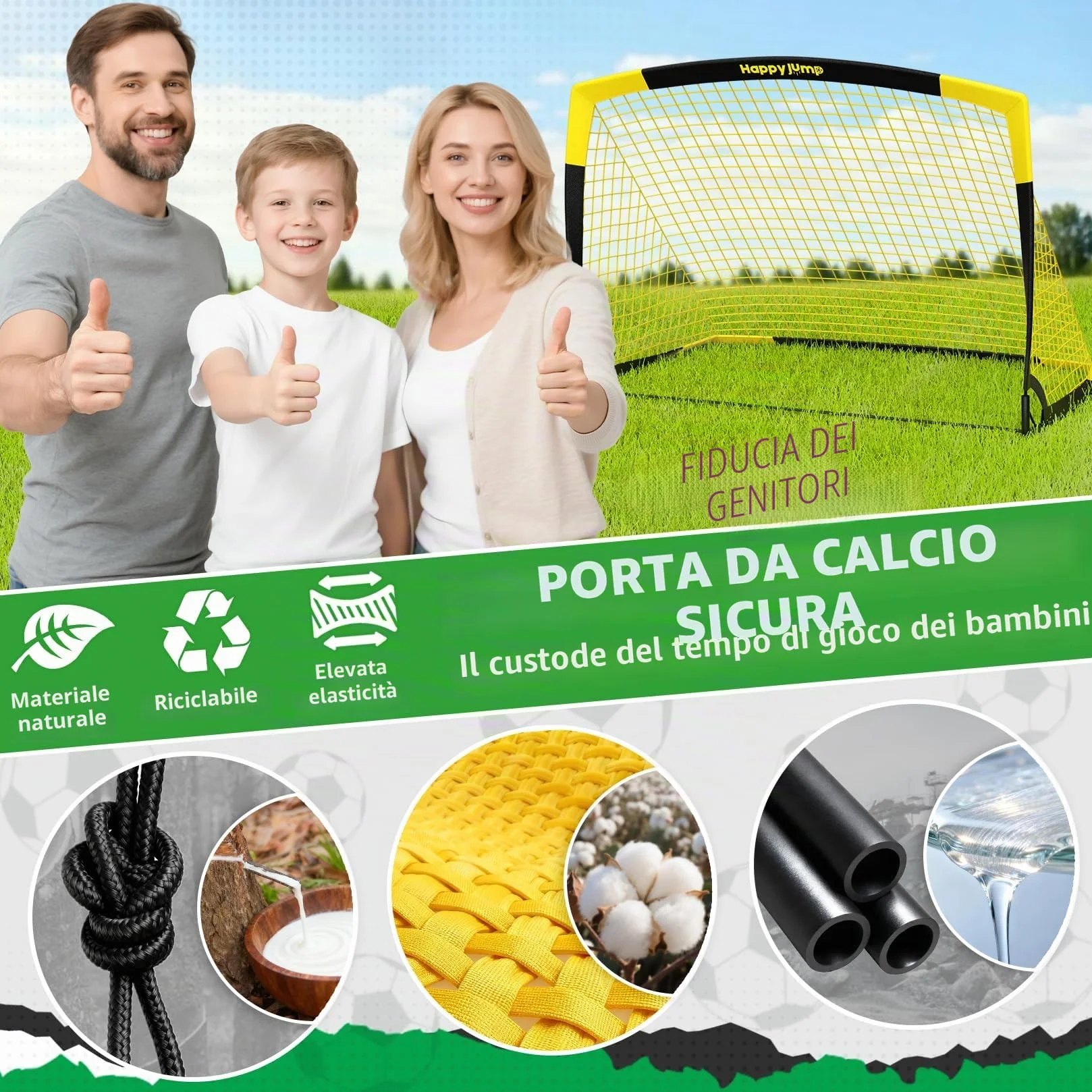 Happy Jump Porta da Calcio Pieghevole – Rete da Giardino 90x67, 120x90, 152x110, 213x152 CM | Opzioni con Pallone, Bersaglio, Pompa e Coni | Perfetta per Allenamento Outdoor e Regalo