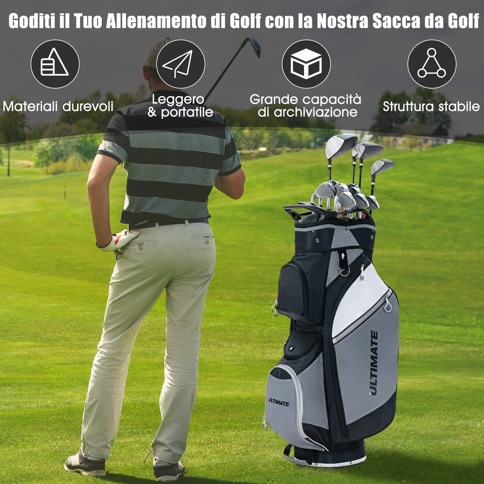 COSTWAY Borsa da Golf con 14 Divisori, Sacca per Mazze da Golf con Borsa Termica, Cappuccio Impermeabile, Maniglie e Tracolla, Ideale per Uomini e Donne, Nero e Grigio