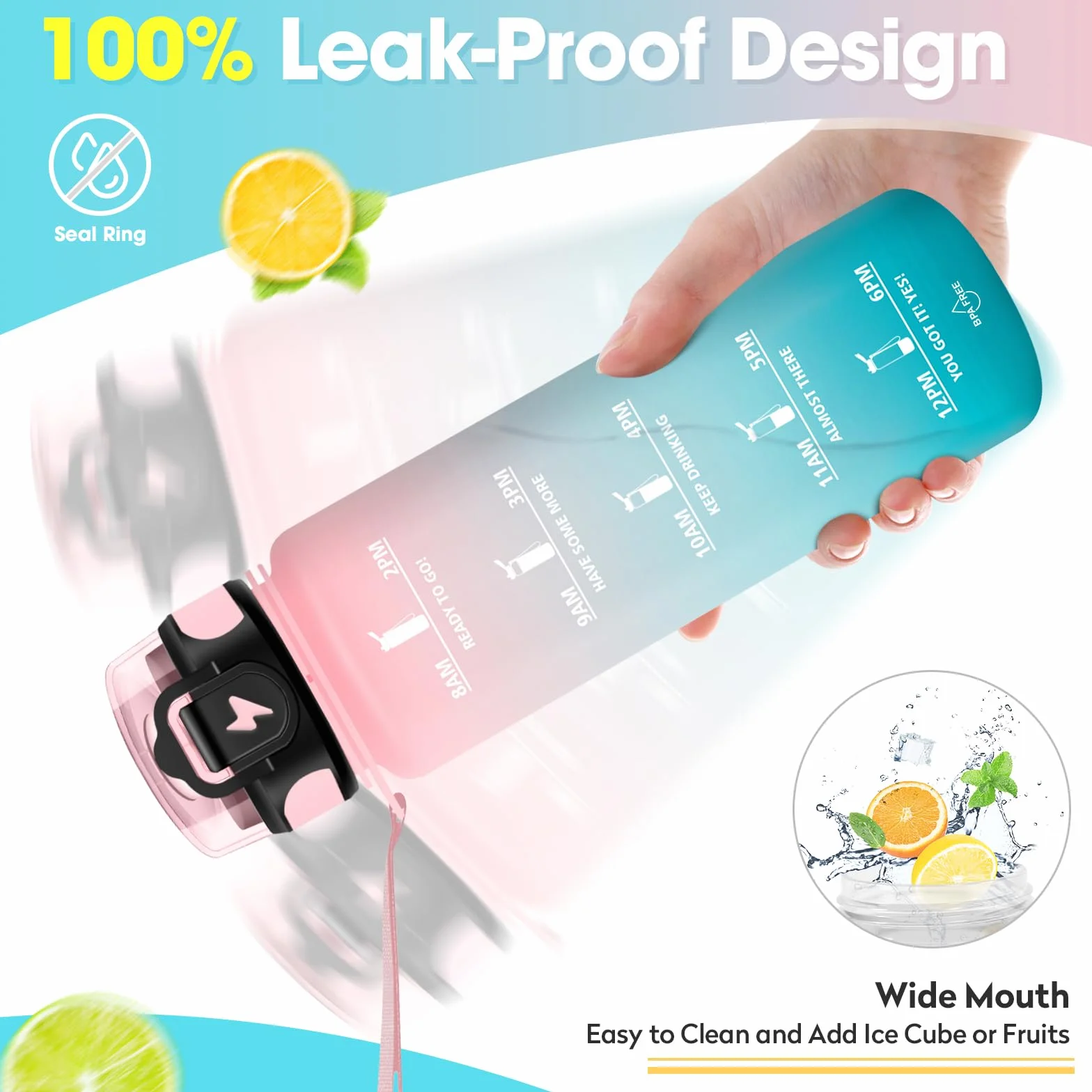 Borraccia con Cannuccia 1 Litro BPA Free Motivazionale Bocca Larga Antigoccia Bottiglia Acqua Palestra
