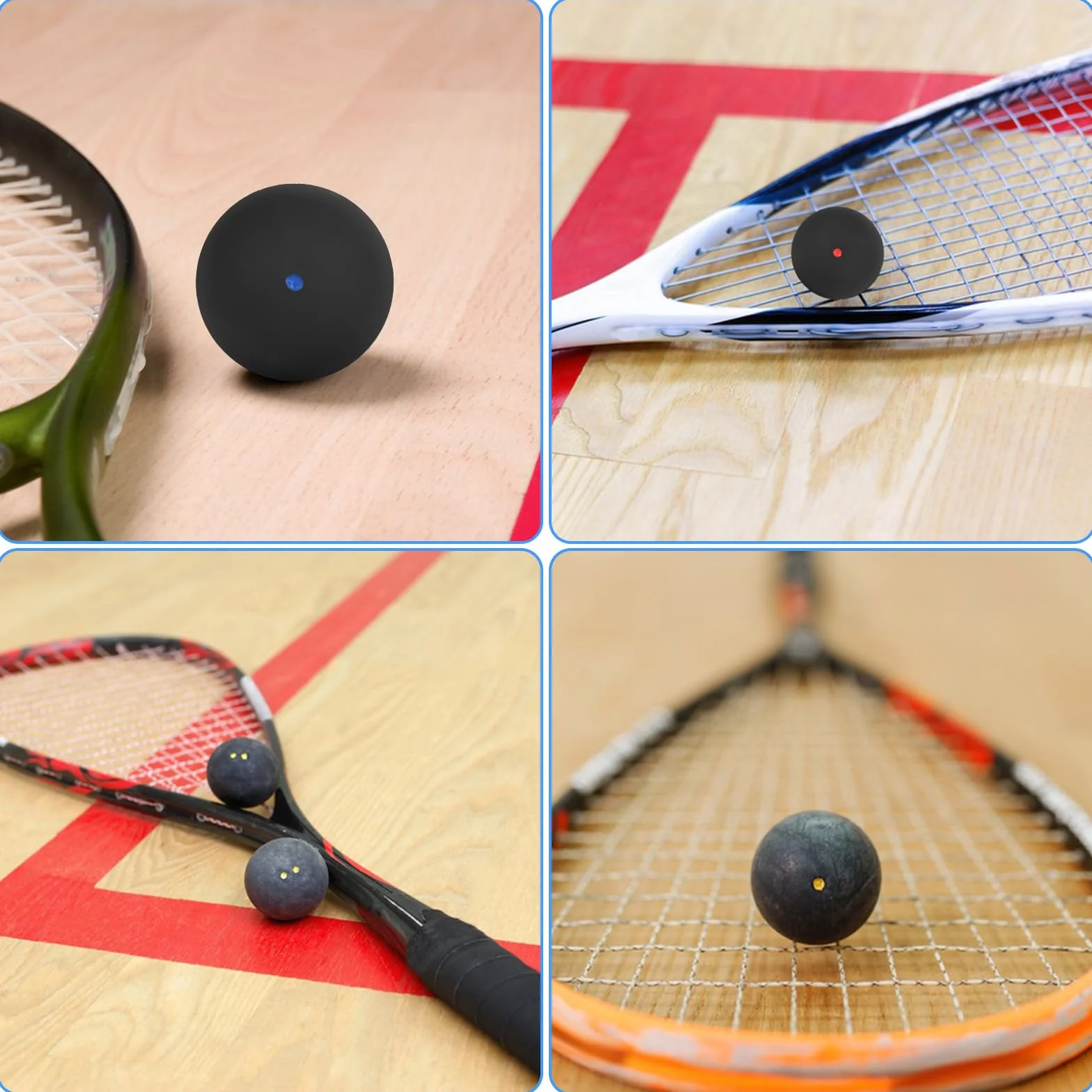 Palline Da Squash Set di 4, Alto Rimbalzo, Doppi Punti Gialli, Singoli Punti Gialli, Rossi, Blu, Per Principianti
