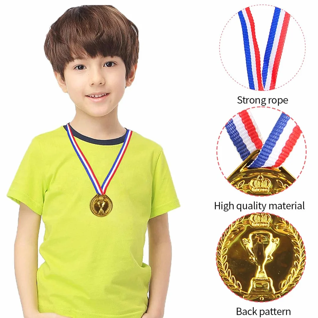 Medaglie vincitore in plastica per bambini 10 pezzi con nastri al collo Oro