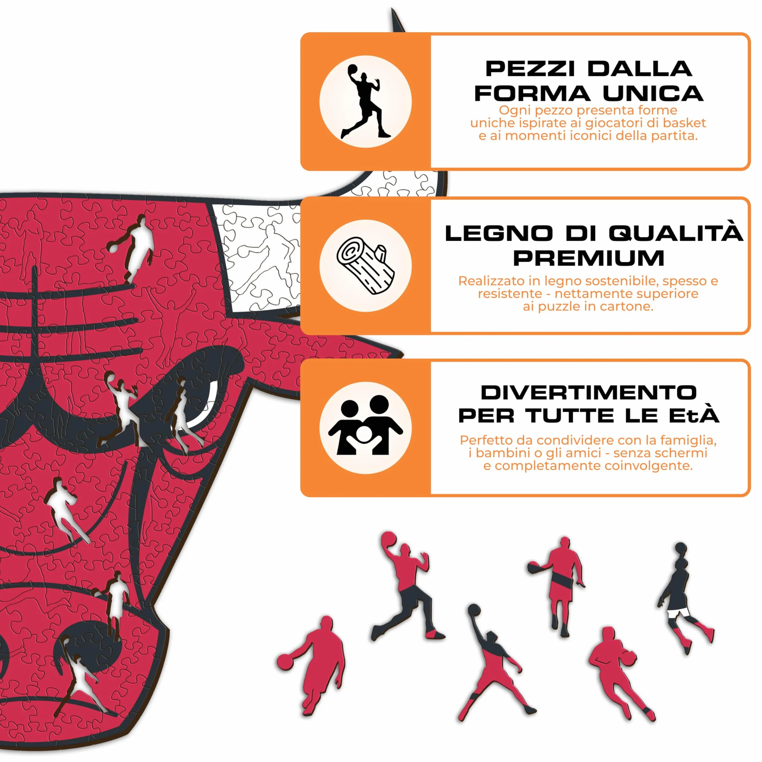 Iconic Puzzles - Chicago Bulls, Logo, Puzzle di Legno con licenza ufficiale NBA, 100% sostenibile, regalo per adulti e bambini, taglia S, 150 Pz