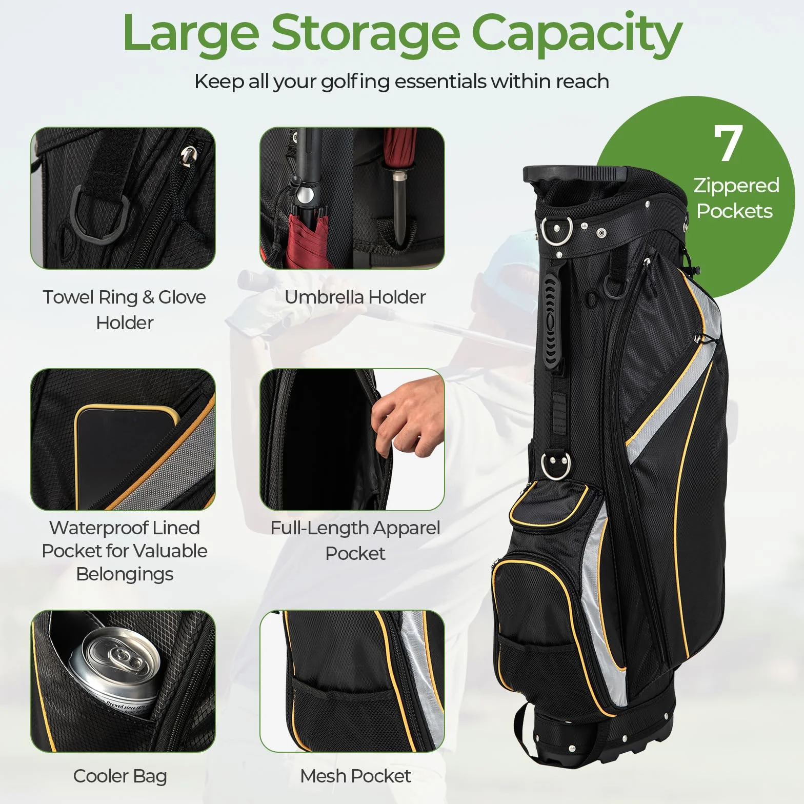 LIFEZEAL Borsa Porta Mazze da Golf da 9 Pollici, Sacche con Cavalletto, Supporto con 8 Scomparti e 3 Tubi in Fibra, Leggera e Durevole 2,3 kg per Golfisti di Ogni Livello, 28 x 21 x 89,5 cm