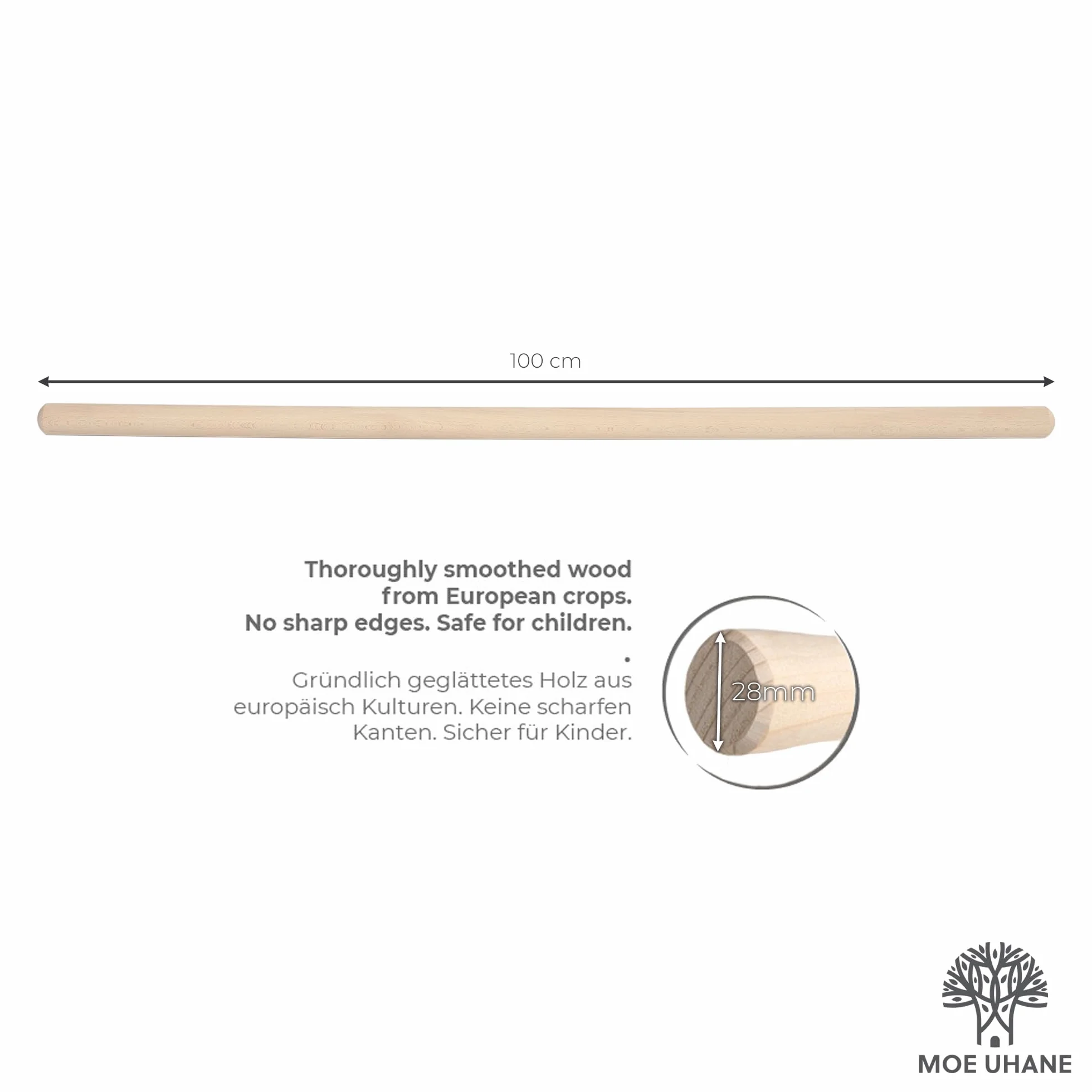 MOE UHANE® Bastone ginnico in legno 100 cm per allenamento yoga fitness equilibrio, barra stretching naturale ECO