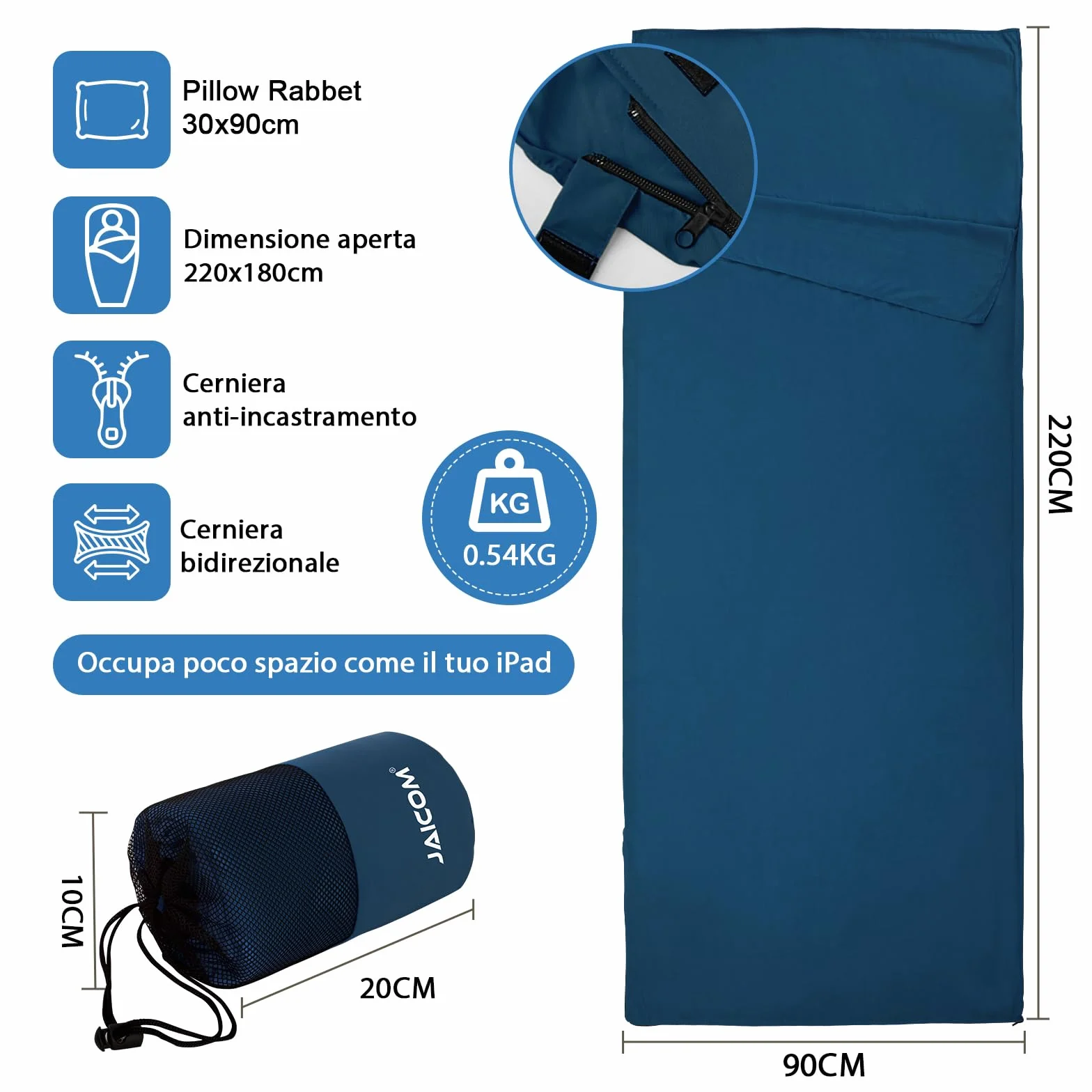 JAICOM Sacco Lenzuolo da Viaggio Ultraleggero e Compatto 220x90cm per Campeggio Escursionismo Ostello