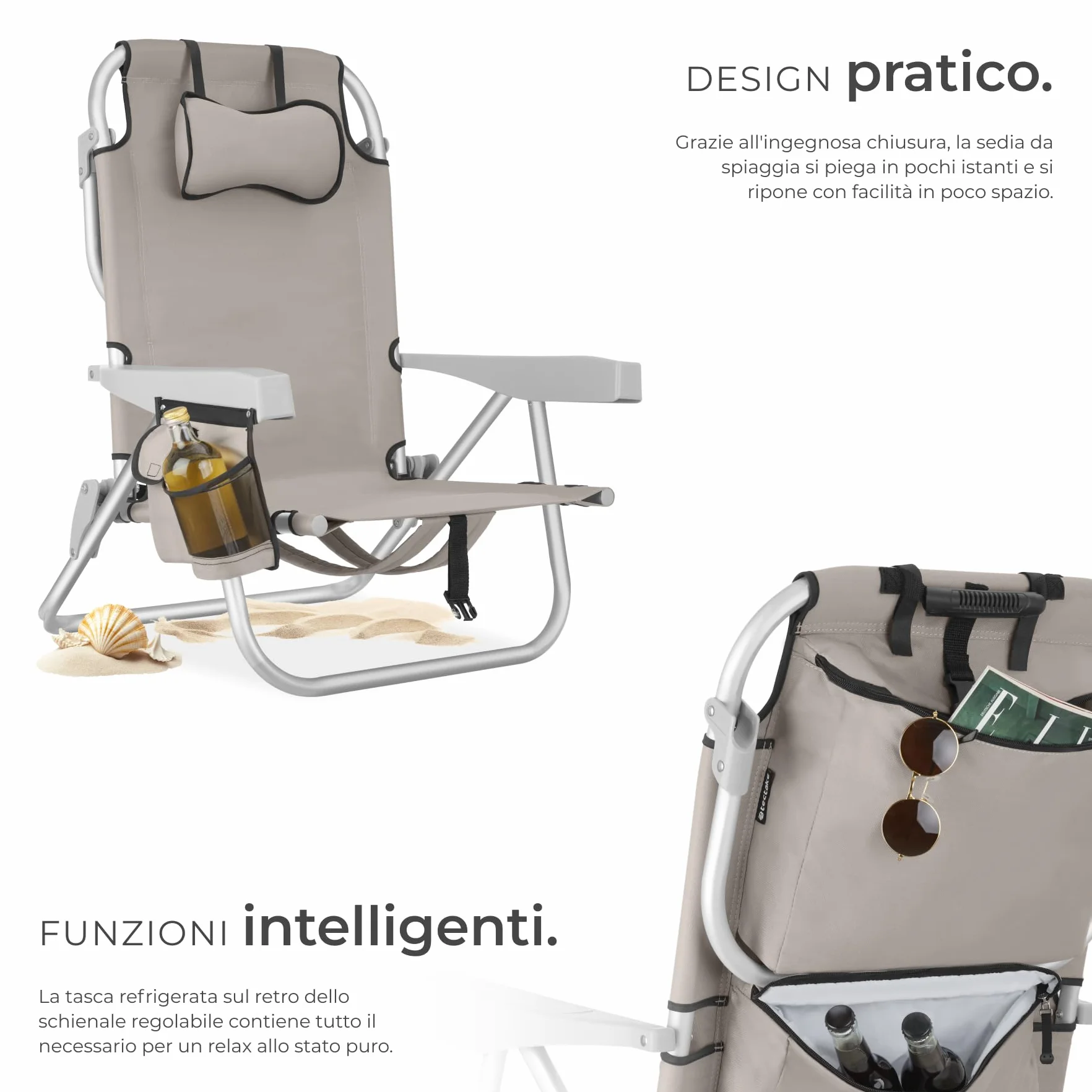 tectake® 2 Sedia da Spiaggia Pieghevole Funzione Zaino, Telaio Alluminio, Schienale Regolabile, Beige