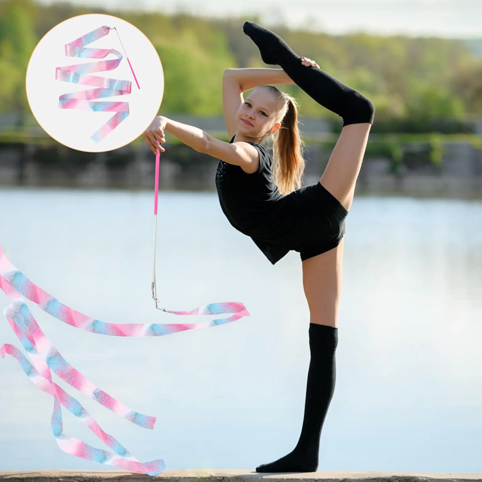 Nastro Ginnastica Ritmica Bambina 2 Metri Rosa con Maniglie - Kit Danza Ritmica