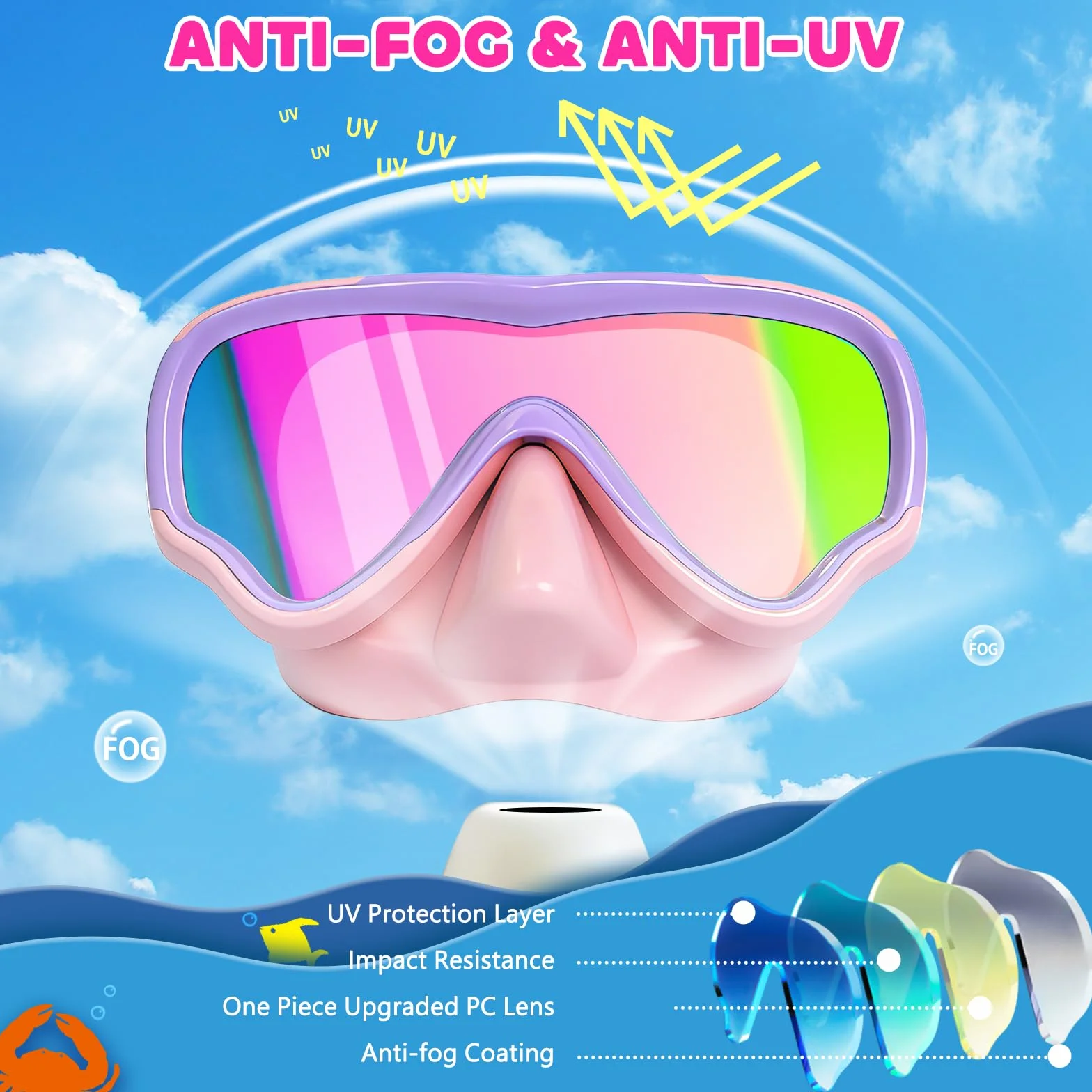Occhialini Nuoto Bambini con Protezione UV e Cinturino in Tessuto Morbido, MOMUSE Occhialini Piscina Bambino con Copertura per il Naso 3D, Maschera Snorkeling per Bambino Bambina 3-14 Anni