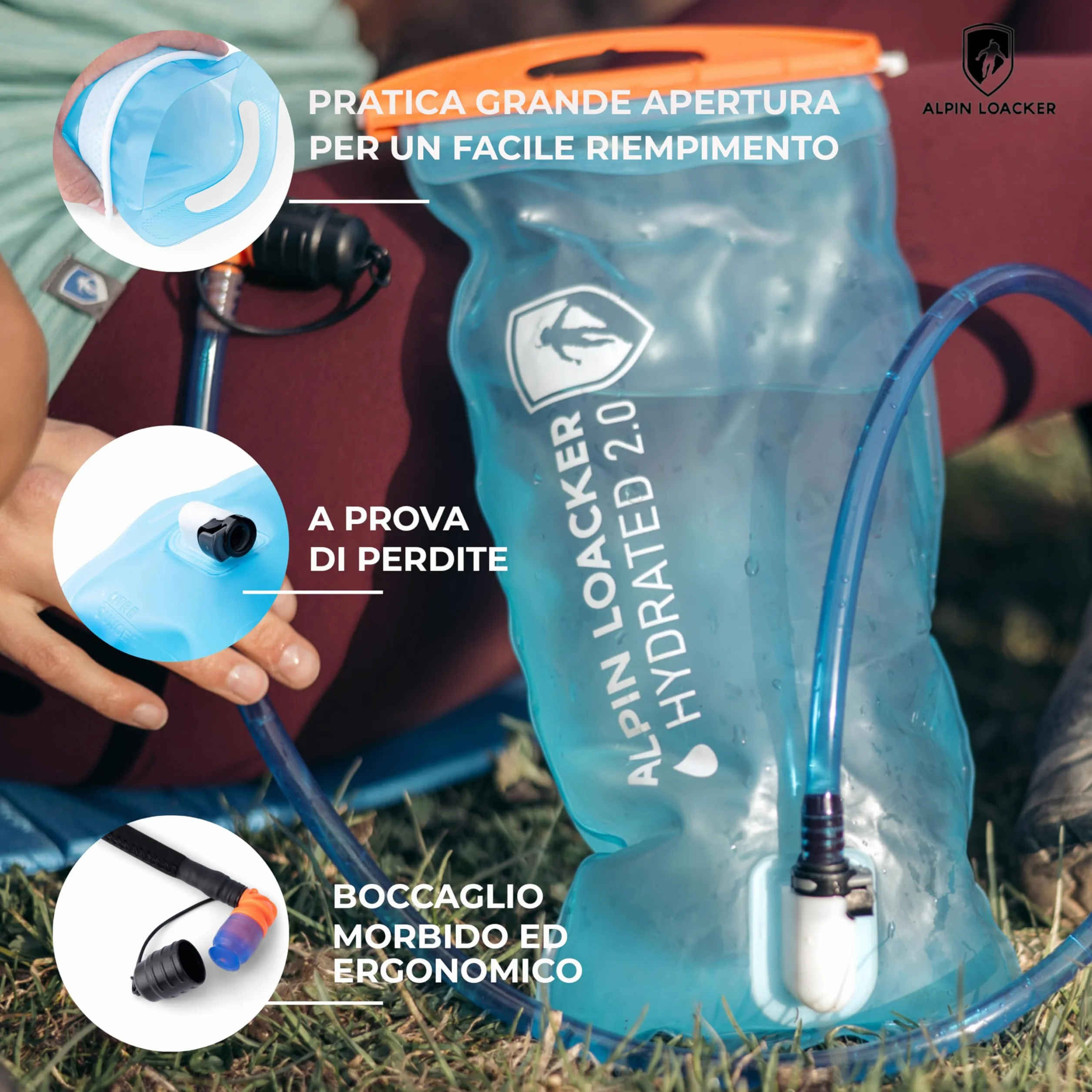 ALPIN LOACKER Bolla d'acqua per esterni con tubo per bere, sistema di idratazione senza BPA, zaino leggero