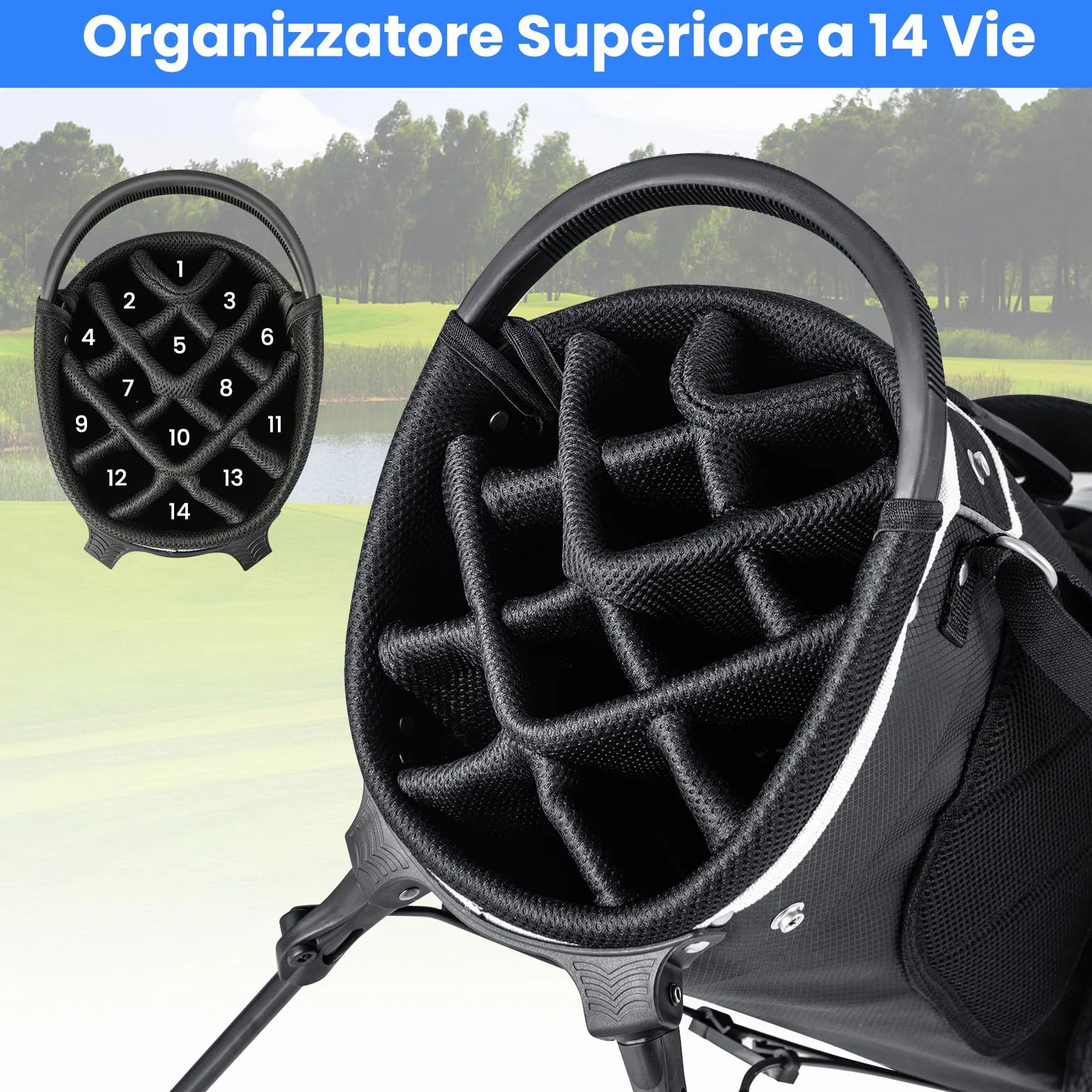 COSTWAY Sacca per Mazze da Golf, Borsa da Golf con Supporto, Divisori a 14 Vie, 6 Tasche, Borsa Frigo, Doppia Tracolla e Cappuccio Antipioggia, Ideale per Uomini e Donne
