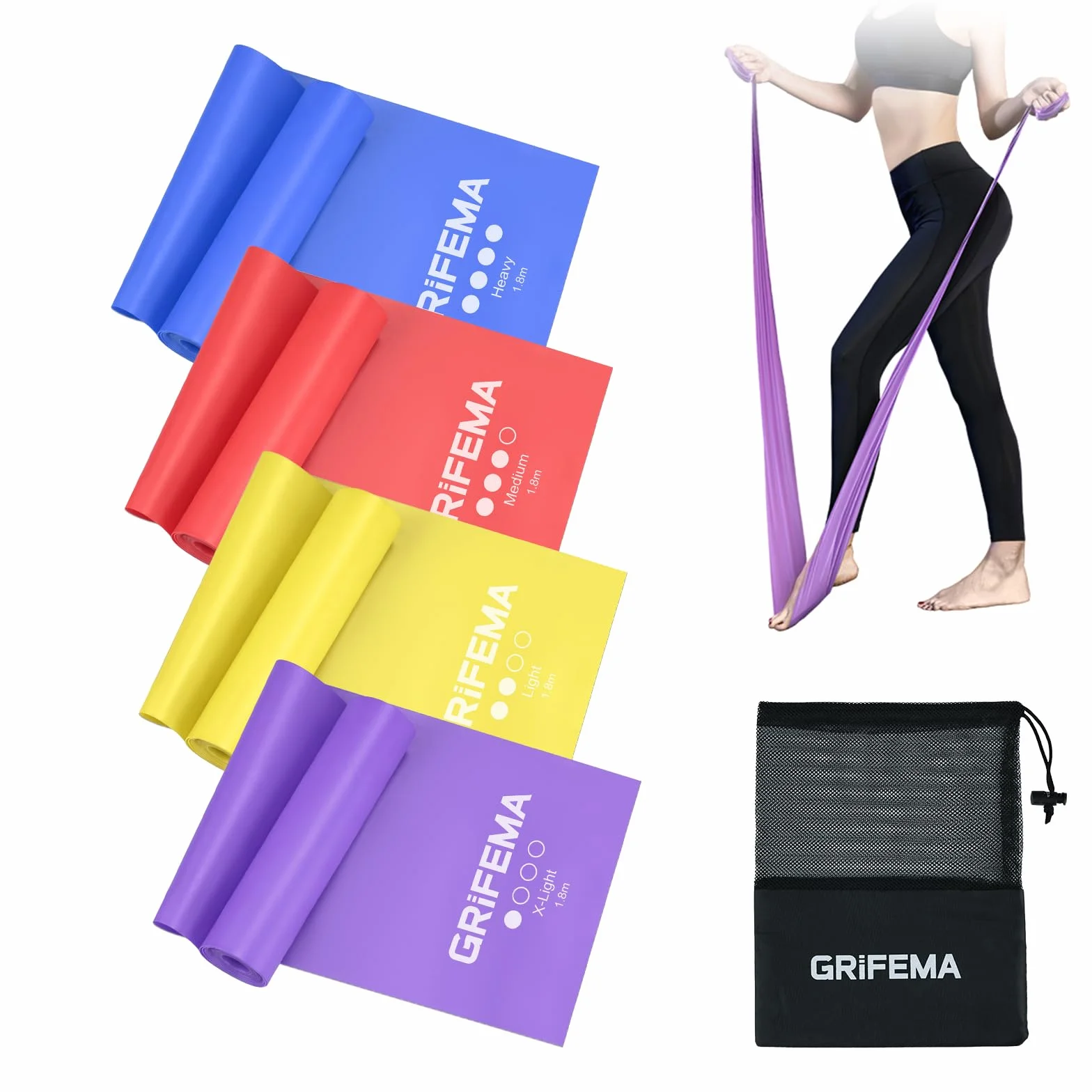 GRIFEMA GA5002 Fasce elastiche fitness set da 4 1,8 m 4 livelli di resistenza per allenamento forza yoga pilates