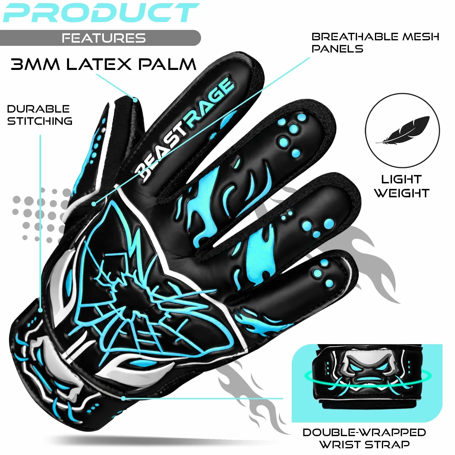 BEAST RAGE Guanti da portiere bambini lattice tedesco antiscivolo palmo laminato 3+4 mm dorso leggero cinturino regolabile