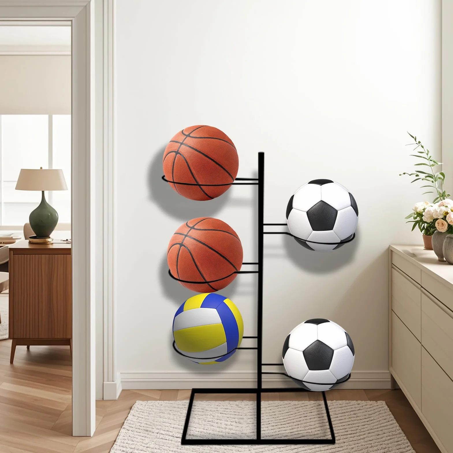 Set di 5 Supporti per Palloni Rimovibili in Metallo - Stoccaggio Verticale Stabile per Basket, Calcio, Pallavolo (Nero)
