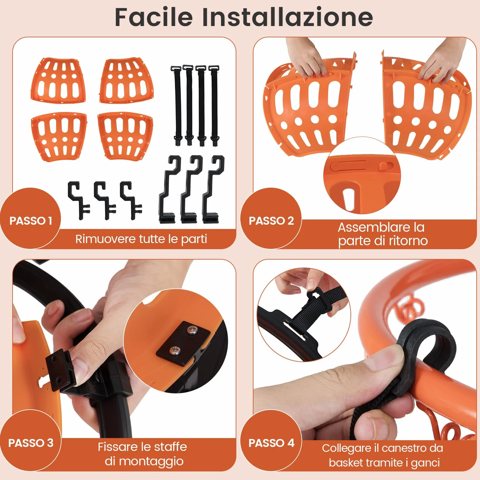 COSTWAY Sistema di Ritorno Palla Basket Rotante a 360° con 4 Ganci Smontabili, Sistema di Ritorno Pallacanestro con Struttura Robusta, Allenamento Tiro Basket per Adulti, Giovani e Bambini