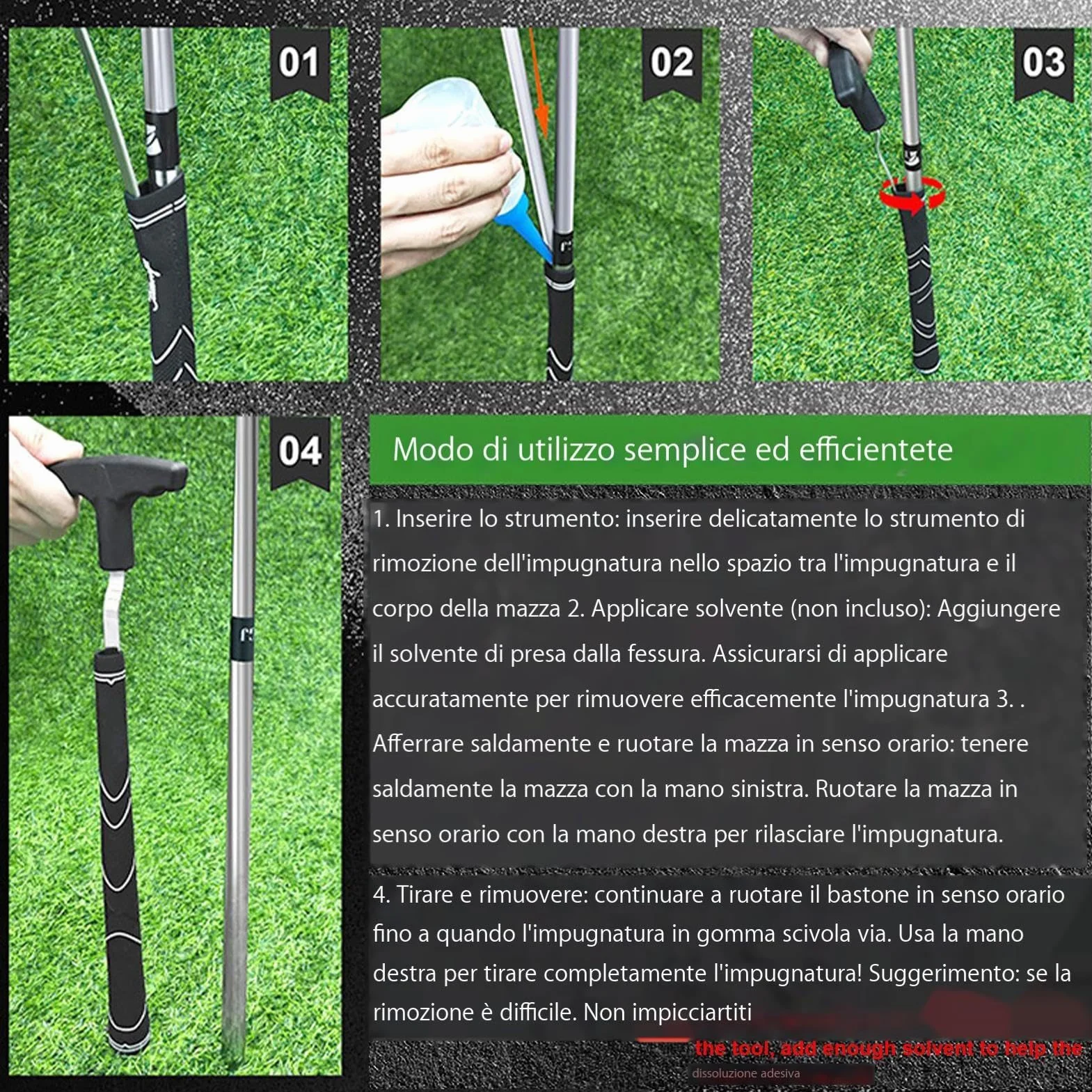 Strumento per rimozione impugnatura golf - solvente rimozione impugnatura golf