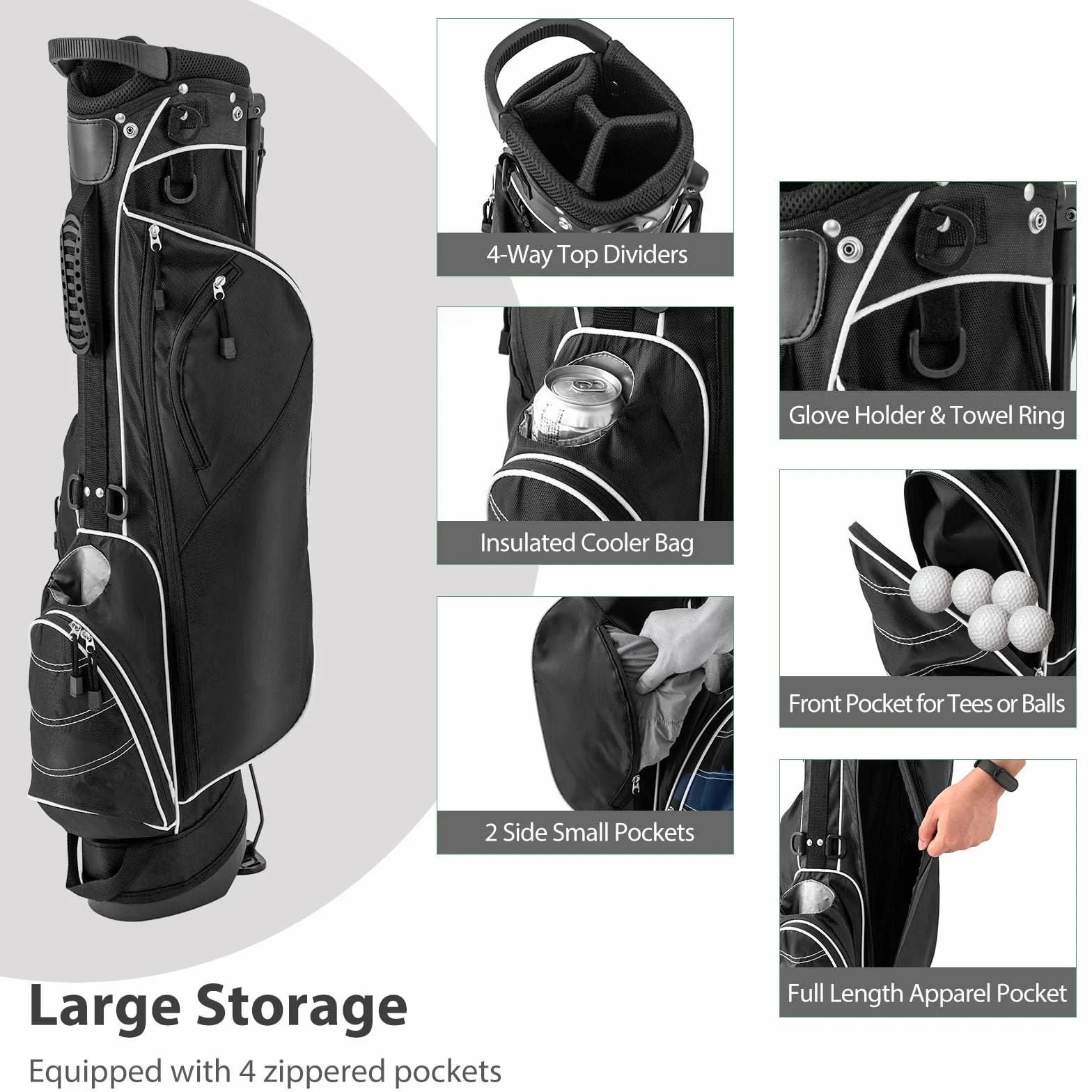 LIFEZEAL Borsa da golf, borsa portatile con 4 divisori divisori, borsa da golf con spallacci regolabili, borsa leggera per mazze da golf per uomo e donna