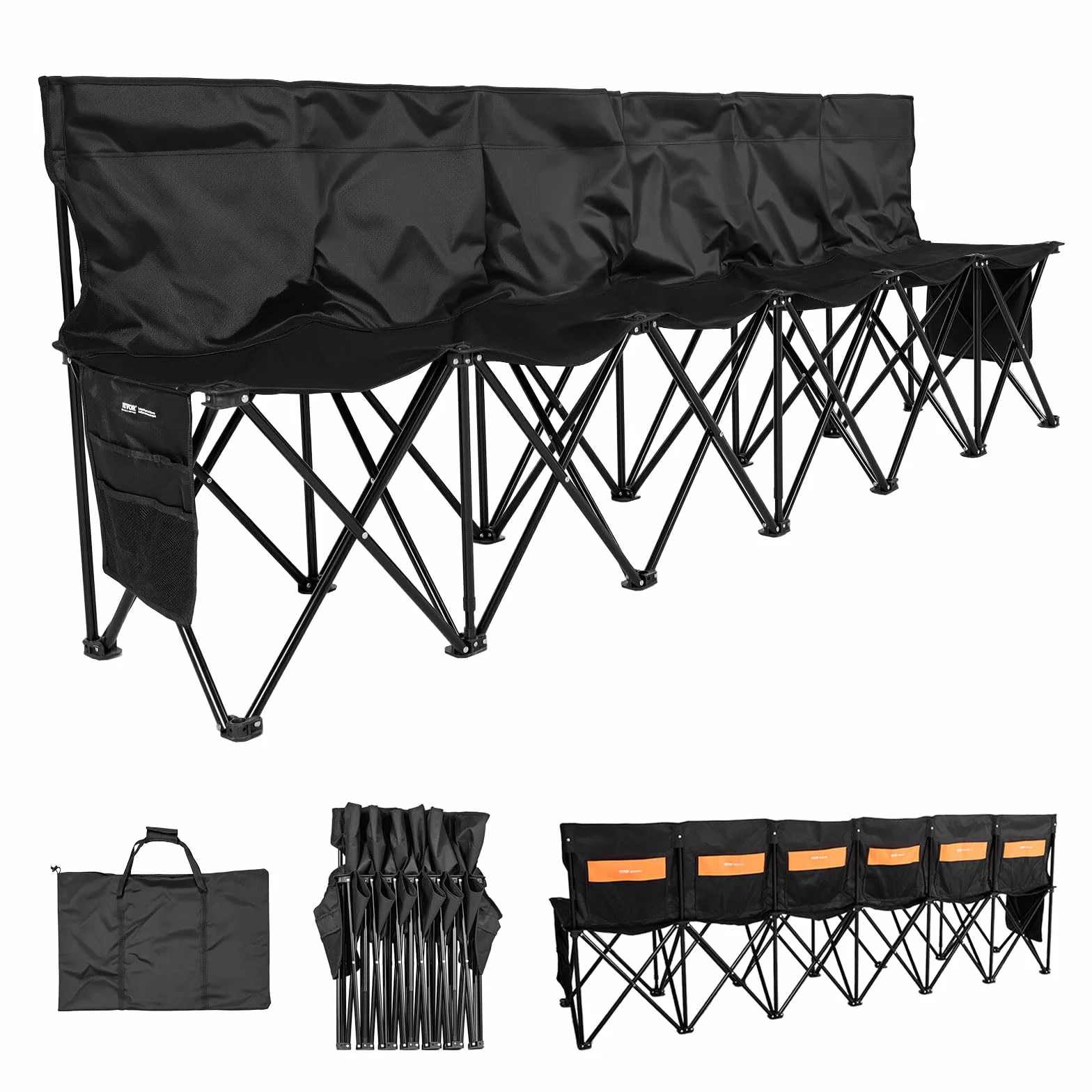 VEVOR Panca da Campeggio Pieghevole Portatile, per 6 Persone con Tasche Laterali, Borsa per il Trasporto, Tasca Posteriore, Panca Pieghevole con Schienale per Calcio, Baseball, Nero