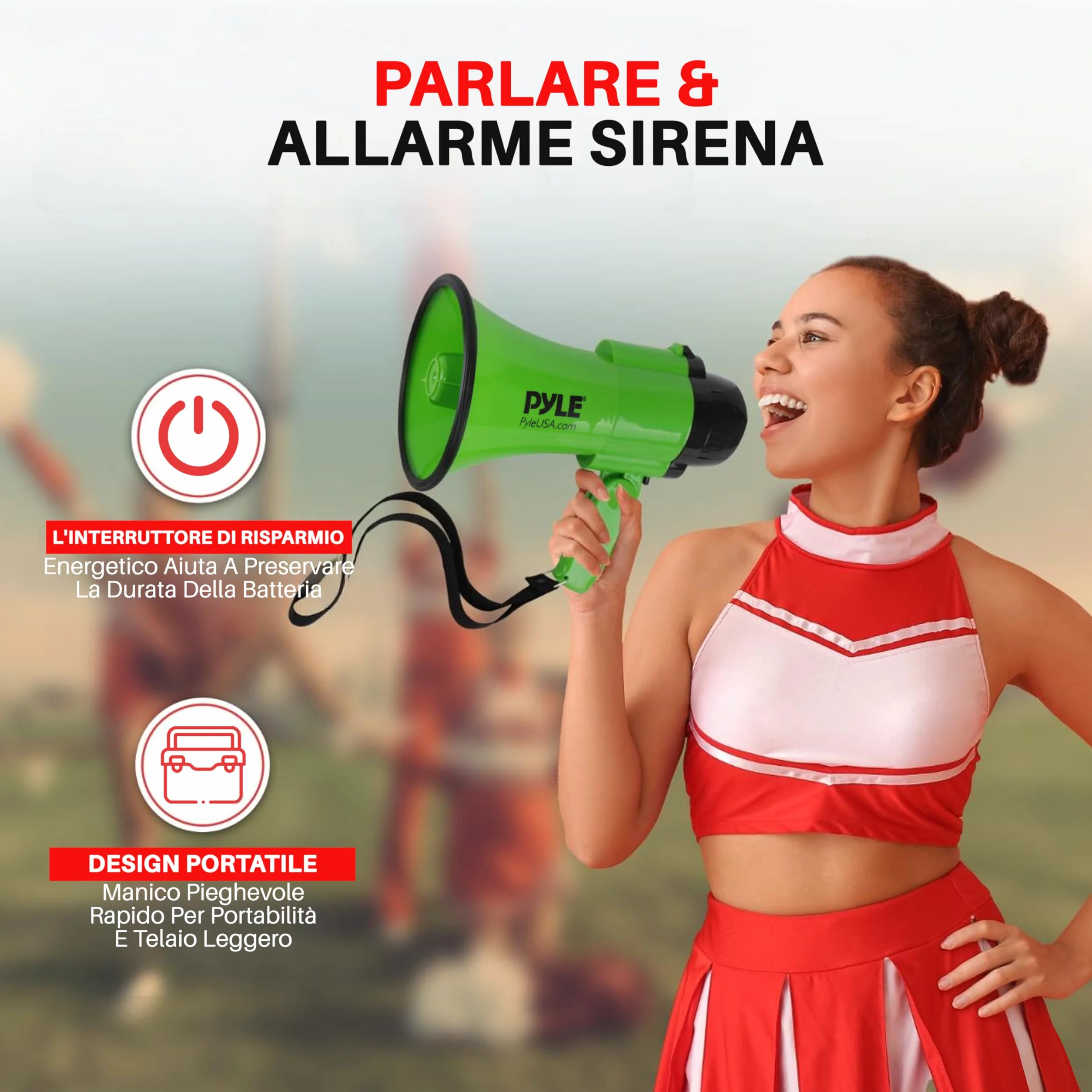 Pyle Megafono a Batteria 30W Portatile con Sirena, Microfono, 2 Modalità, Verde