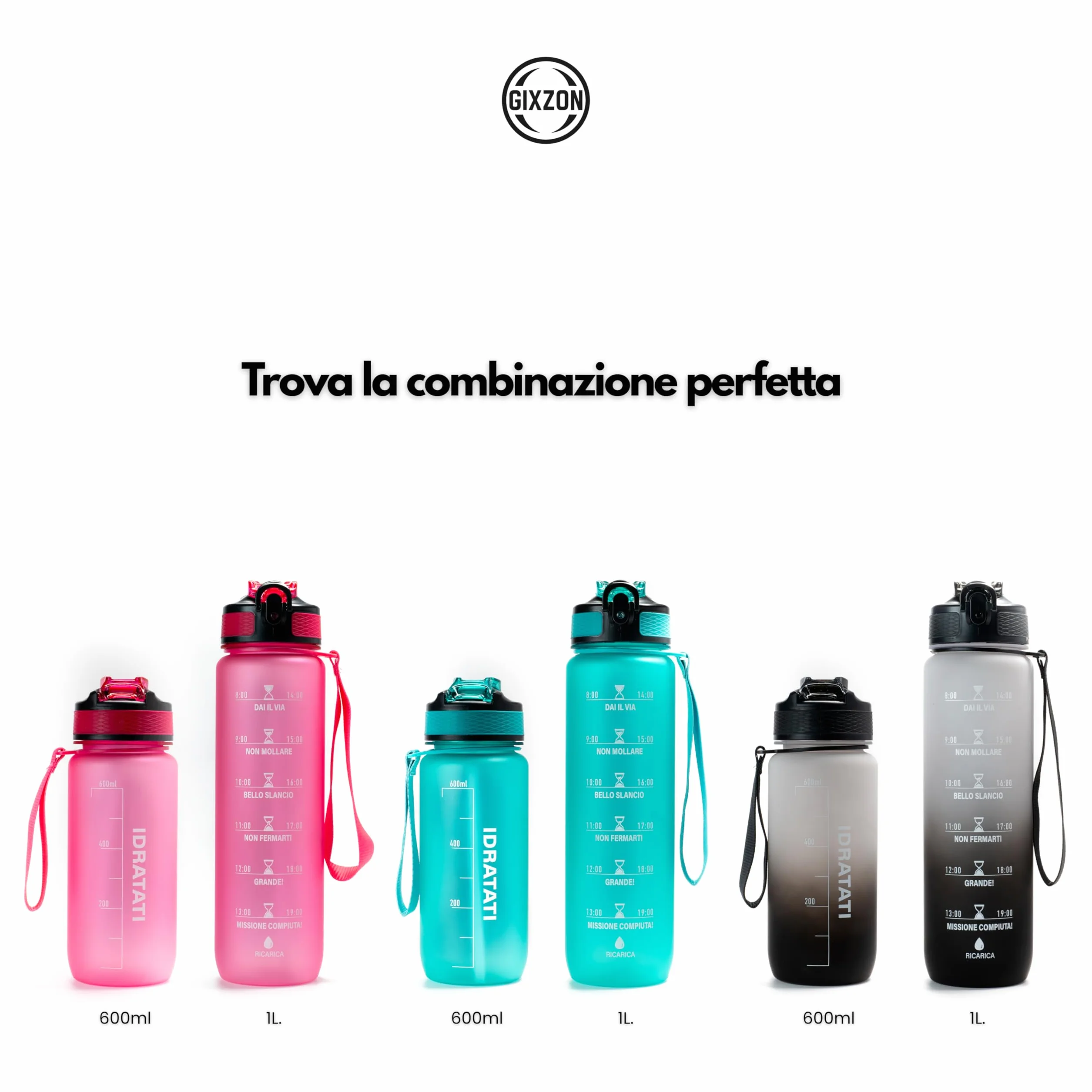 Borraccia Motivazionale 1L Tritan Senza BPA con Frasi e Orari in Italiano, Cannuccia, Tappo Sicurezza per Sport Palestra