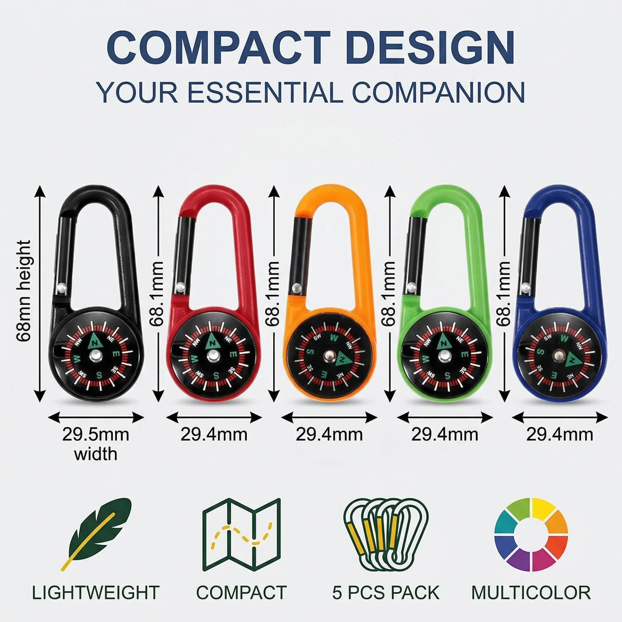 Bussola Portachiavi per Bambini, Mini Bussola con Moschettone, Campeggio, Outdoor (5 Colori)