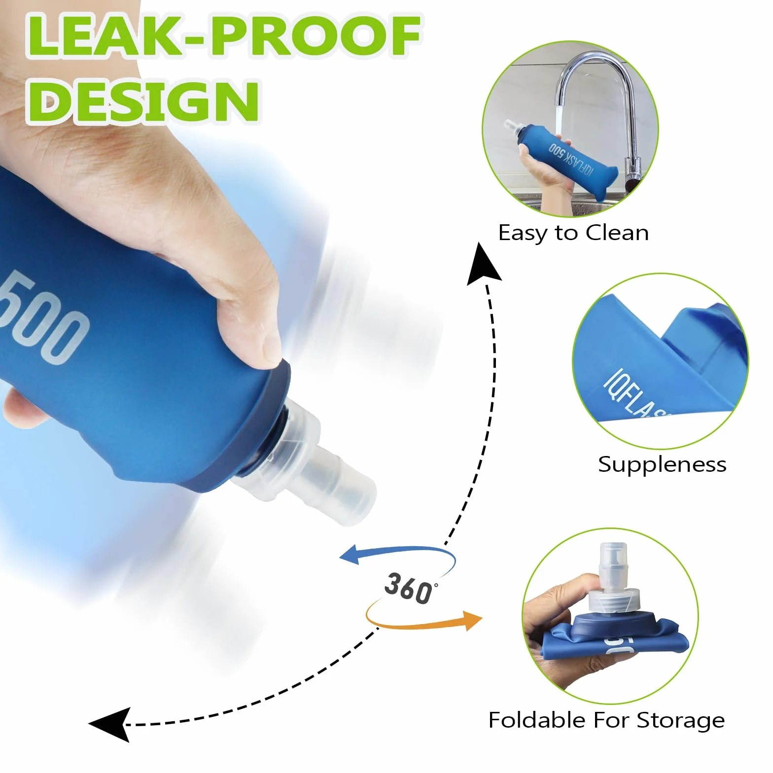 Borraccia Morbida 500 ml Soft Flask TPU Pieghevole Senza BPA per Running Escursionismo Campeggio (Blu)