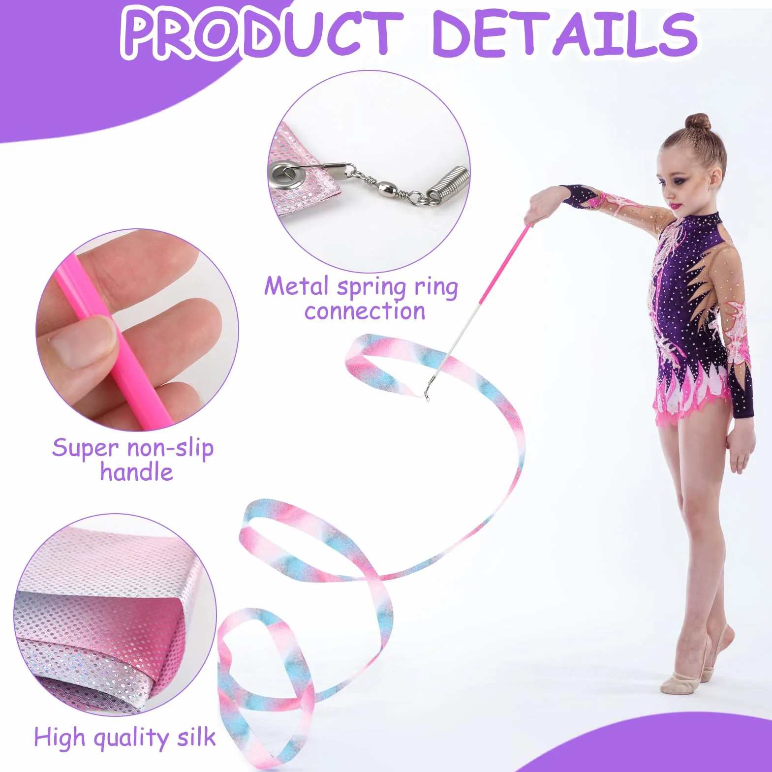 Nastro Ginnastica Ritmica Bambina 2 Metri Rosa con Maniglie - Kit Danza Ritmica