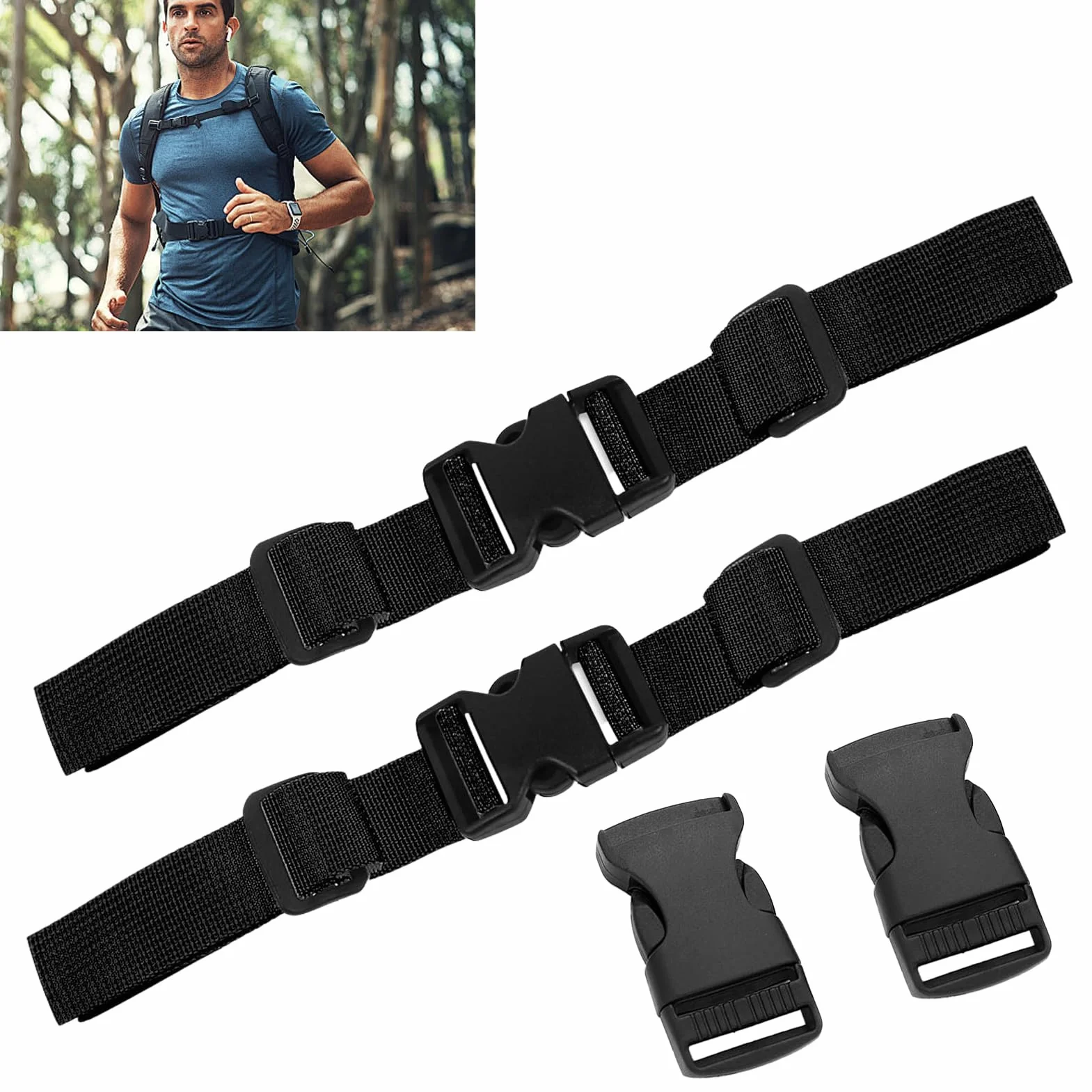 Cintura Toracica Regolabile 2.5cm Antiscivolo per Zaino con Chiusura Rapida, Universale per Escursioni Viaggi (Nero)