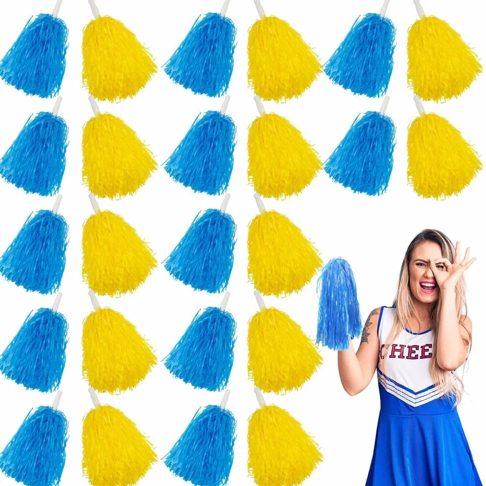 Lovecheer pompon blu e gialli da cheerleader in plastica con manico per sport danza feste
