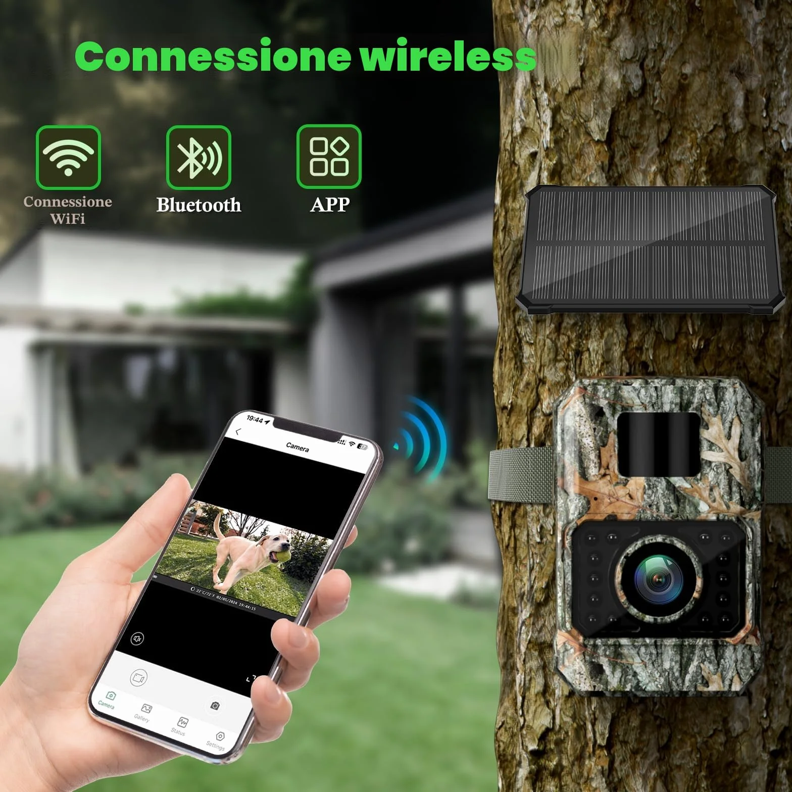 Coolifepro Fototrappola con Pannello Solare 60MP 30FPS WIFI Bluetooth App Batteria Litio 2000mAh Angolo Rilevamento 100° Scheda SD 32GB