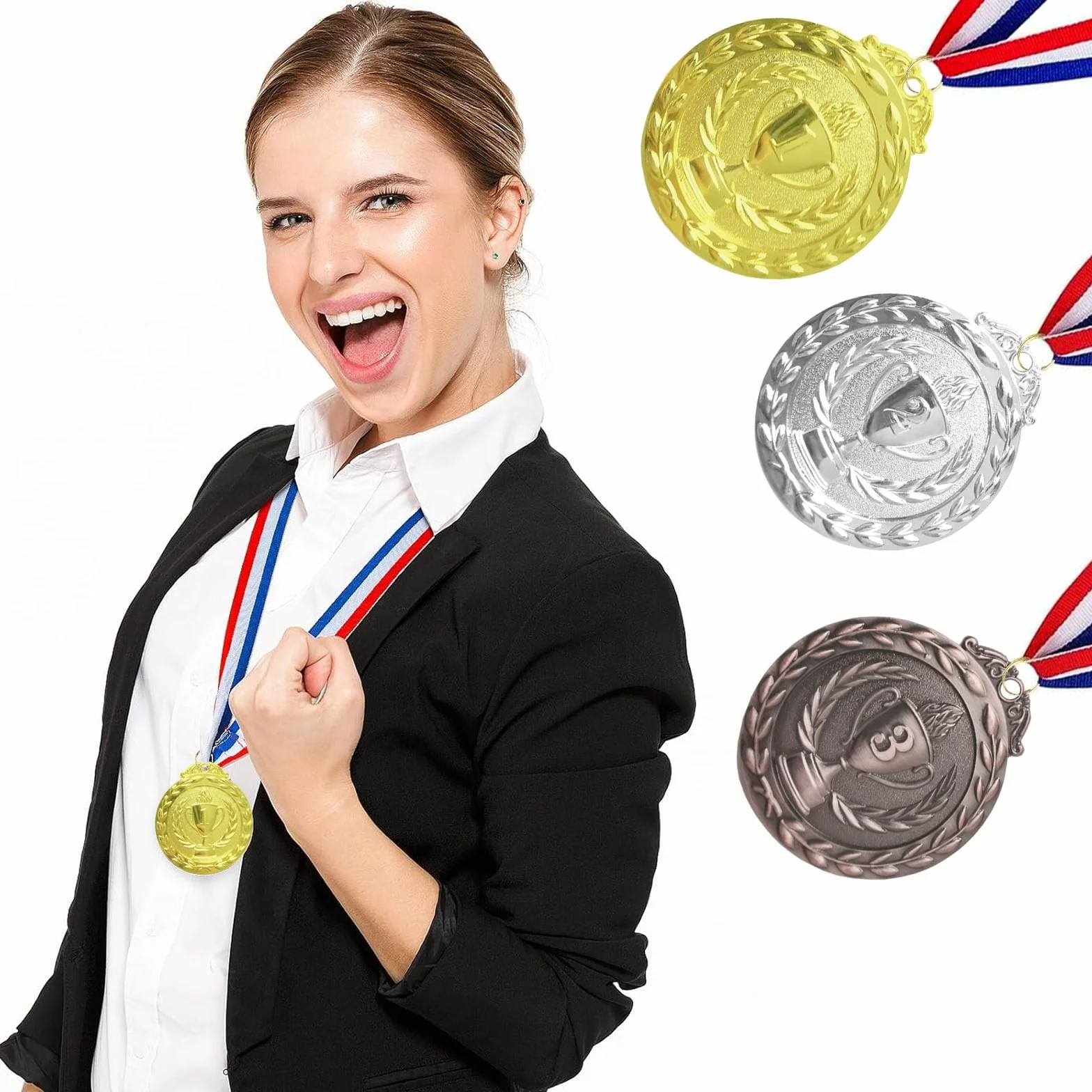 Medaglie in Metallo Oro Argento Bronzo per Bambini Vincitori Concorsi Feste Stile Olimpico con Collari, 12 Pezzi