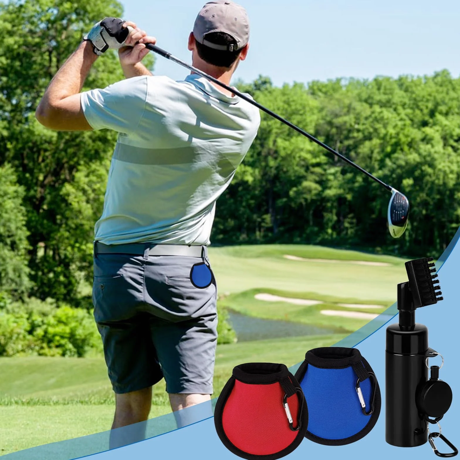Kit di Pulizia per Golf Spazzola Spray Mazze + Sacchetto Blu Rosso Palline