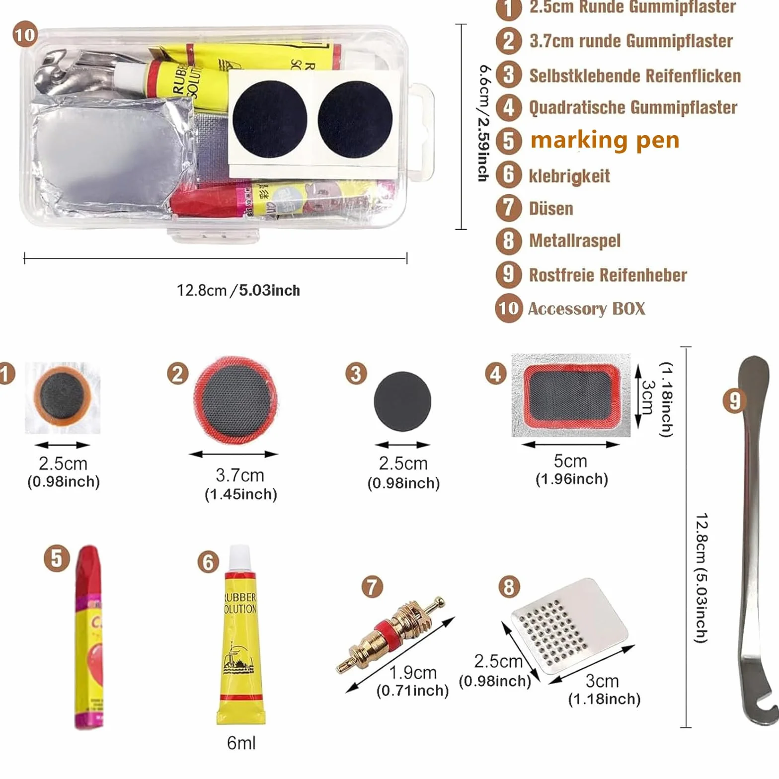 Kit Riparazione Bici 44-56 Pezzi, Toppe Rotonde Gomma Autoadesive, Attrezzo Multifunzione, Contenitore Portatile