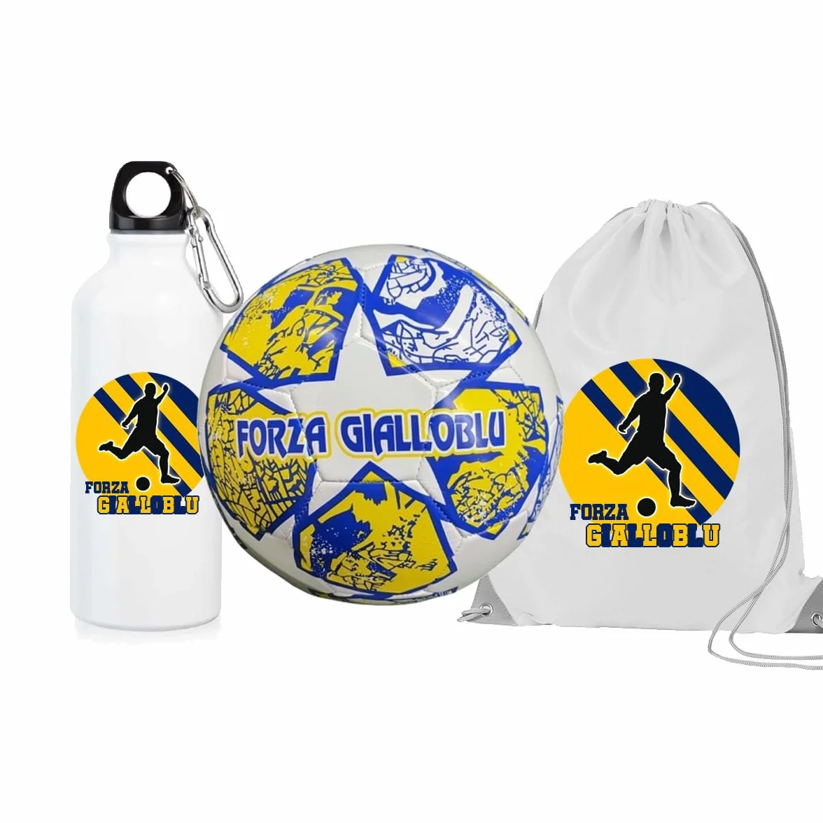 Generico Pallone con i colori del Parma calcio e scritta Forza Gialloblu + una borraccia bianca in alluminio e una sacca in nylon con stampa dei colori della tua squadra del cuore tifoso regalo