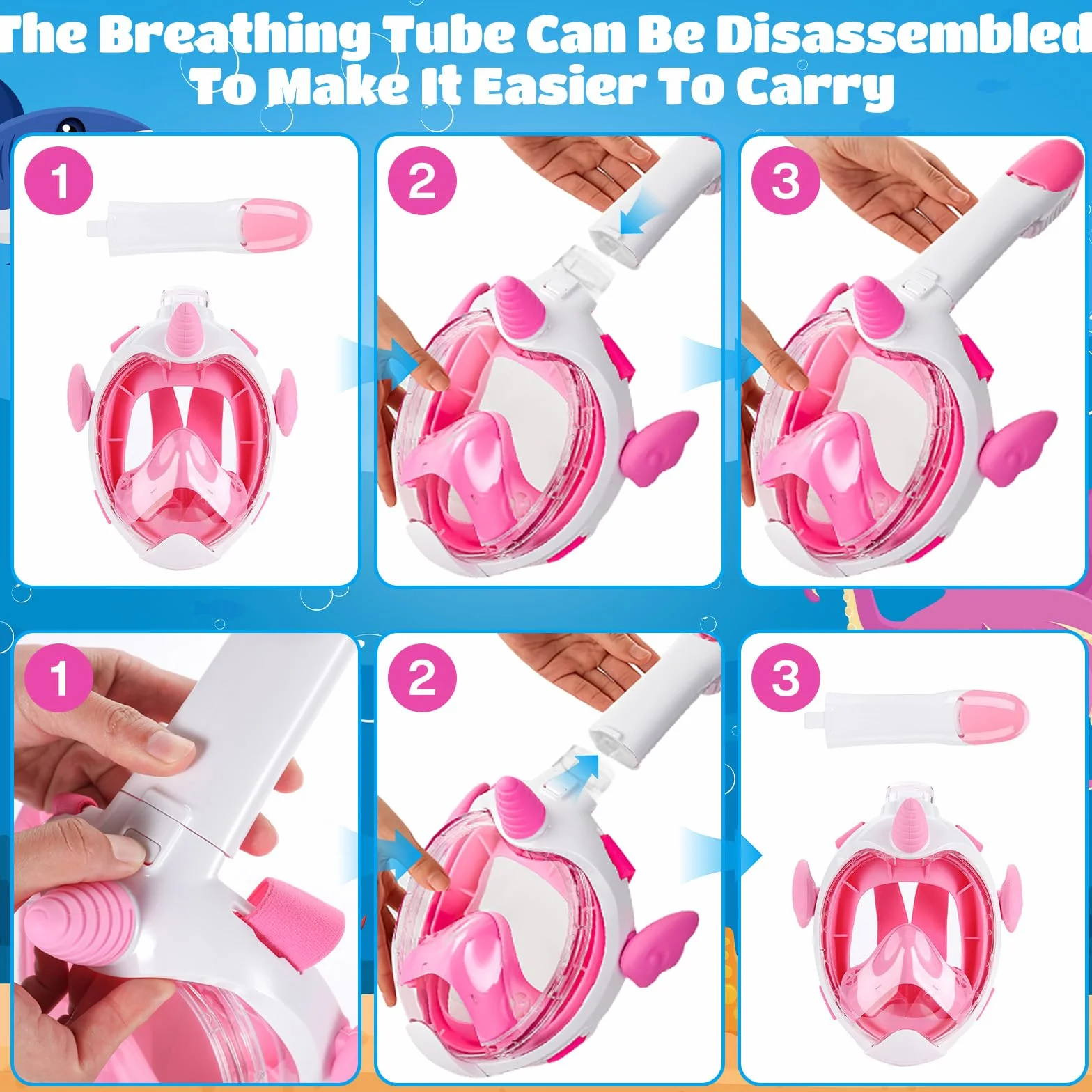 Maschera Snorkeling Integrale Bambini 3-12 Anni Vista Panoramica 180° Anti Appannamento Rosa XS