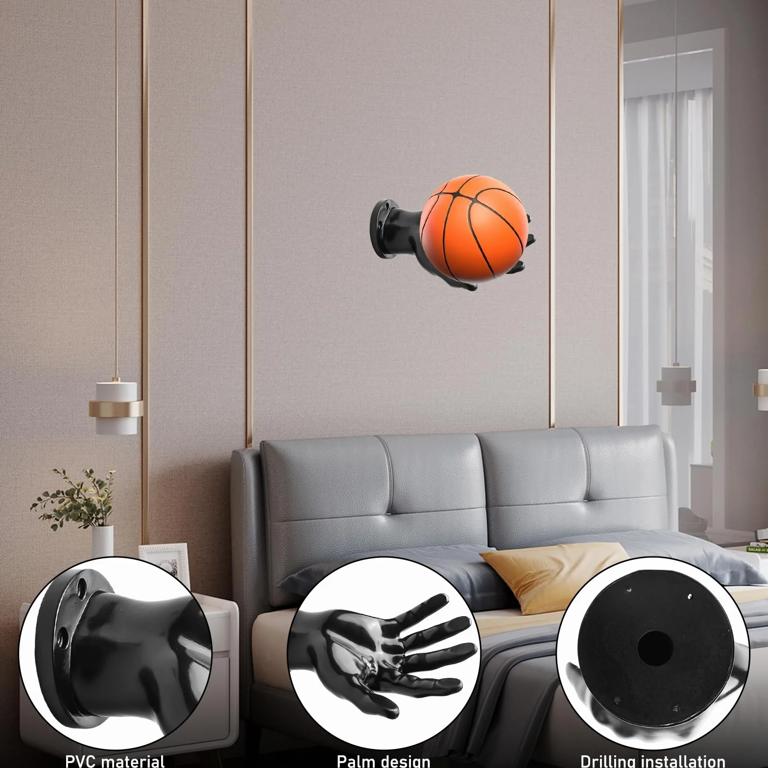 2 scaffali a forma di palma per pallacanestro, supporto da parete per palloni con 4 viti, 4 chiodi, supporto universale da parete per pallacanestro, calcio, calcio