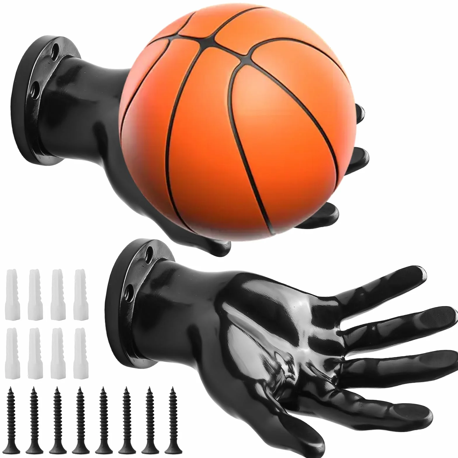 2 scaffali a forma di palma per pallacanestro, supporto da parete per palloni con 4 viti, 4 chiodi, supporto universale da parete per pallacanestro, calcio, calcio