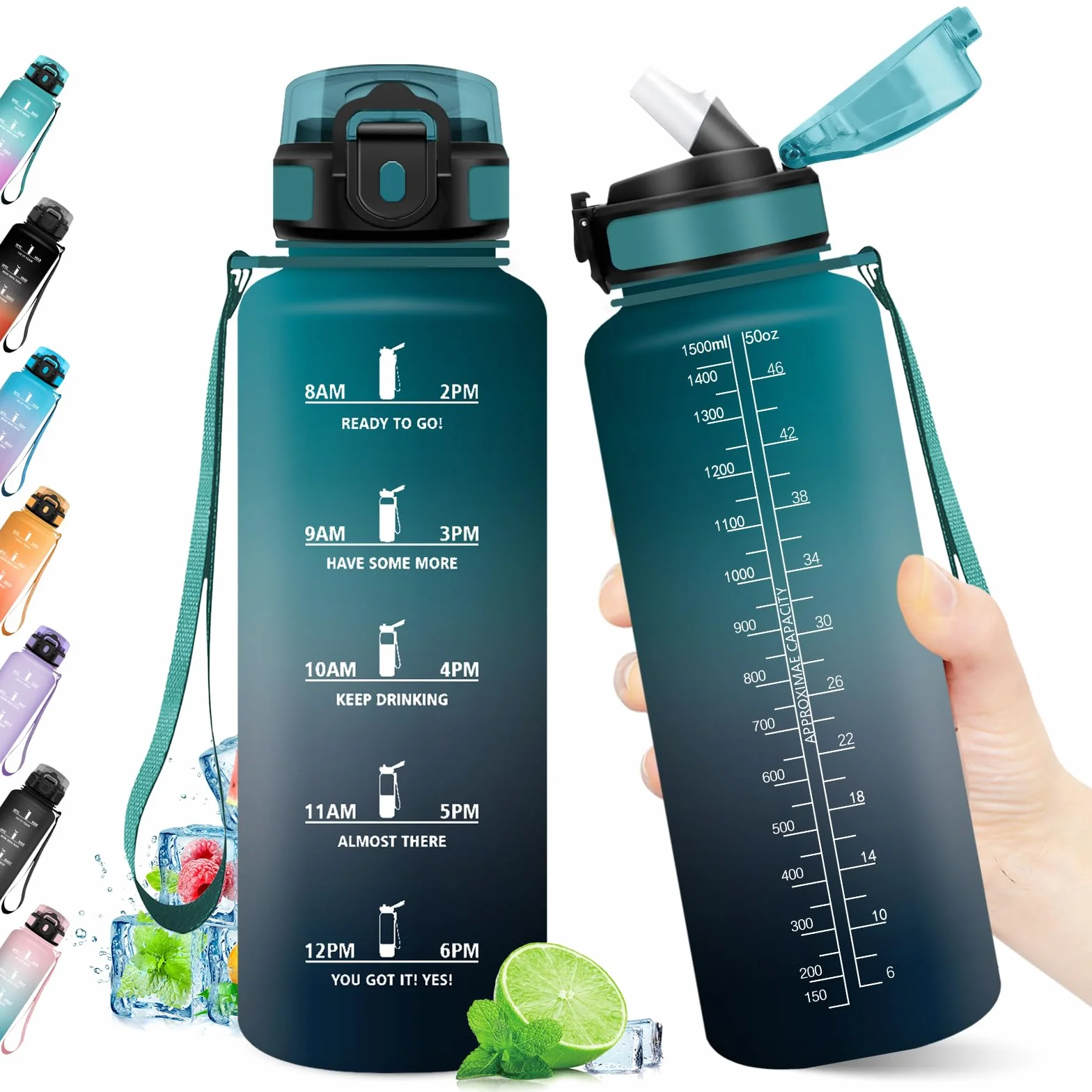 Borraccia Sportiva 1.5L con Cannuccia, Senza BPA, A Prova di Perdite, Riutilizzabile per Fitness