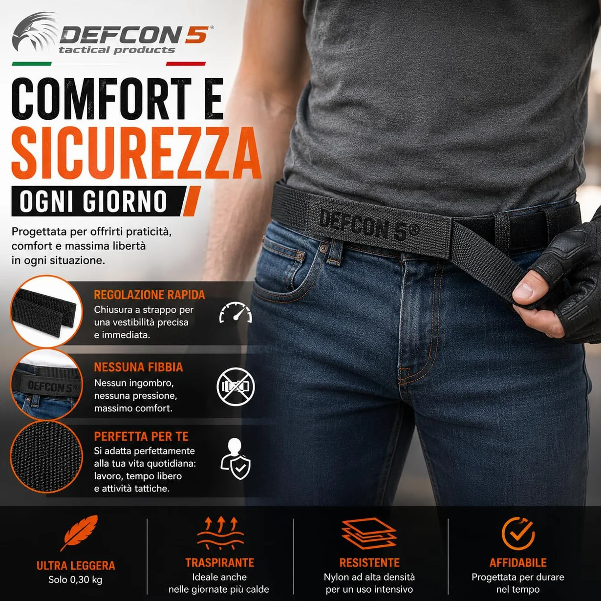 Cintura in nylon regolabile con chiusura a strappo Defcon 5 D5-BE/VE B nera