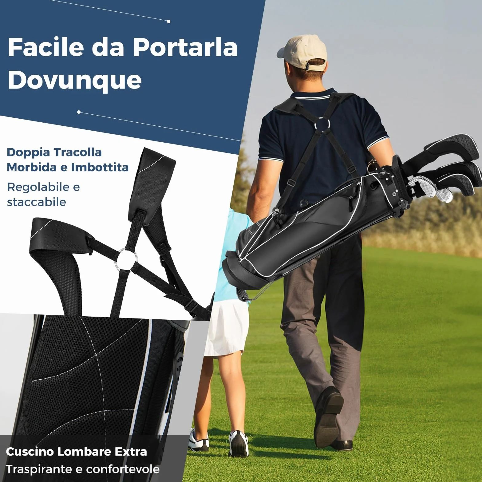 COSTWAY Sacca da Golf con Supporto, Borsa da Golf a 4 Scomparti con 4 Tasche con Cerniera, Borsa Frigo, Tracolla Doppia, Cappuccio Antipioggia, Supporto per Ombrellone